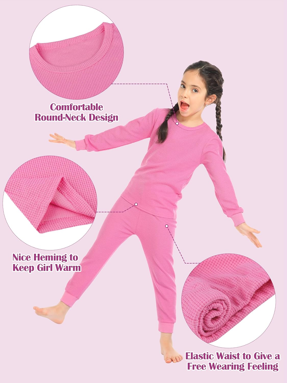 Resinta 3 Sets Girls Waffle Thermal Underwear Set Winter Waffle Cotton Thermal Top and Bottom Long Johns Warm Base Layer