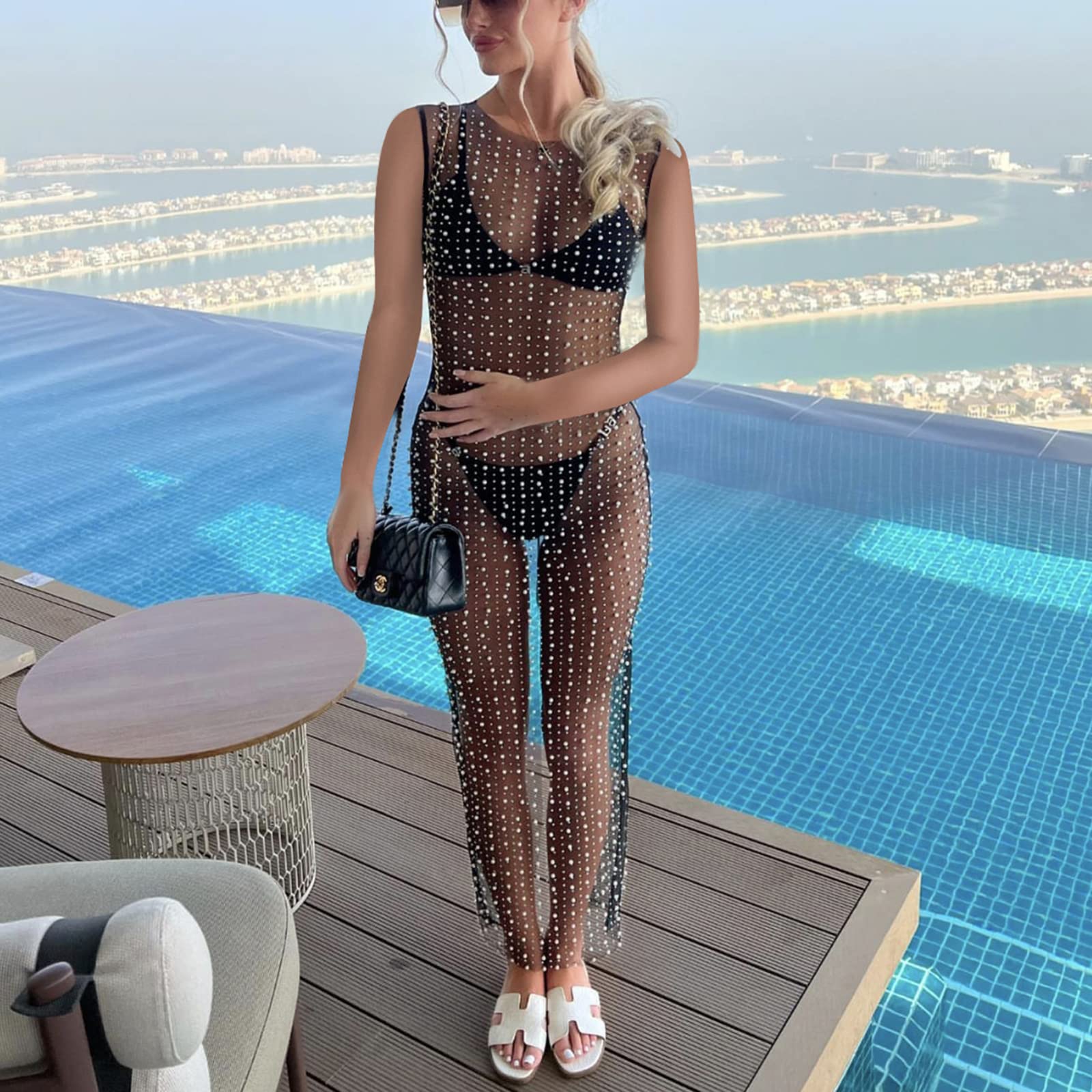 Chloefairy Vestido de malla con diamantes de imitación para mujer, vestido sexy y transparente para traje de baño, traje de baño, ropa de playa