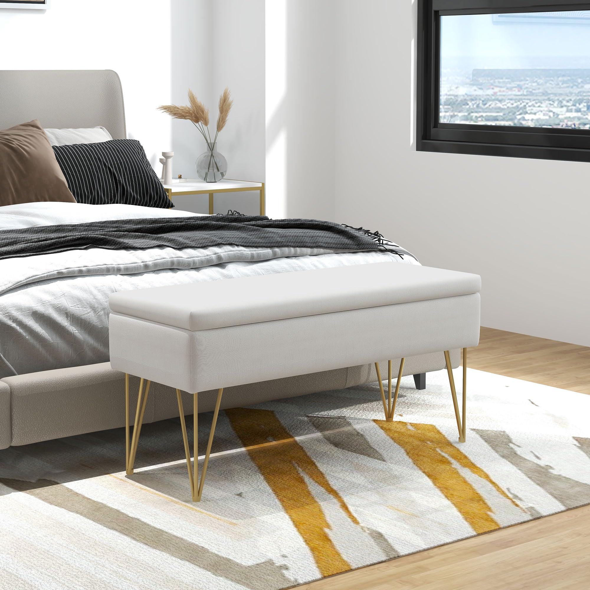 HOMCOM Banco Pie de Cama, Taburete Pie de Cama Tapizado en Lino Sintético con Patas de Acero y Asiento Acolchado, Estilo Moderno, Banco para Dormitorio, Entrada, Pasillo, Crema