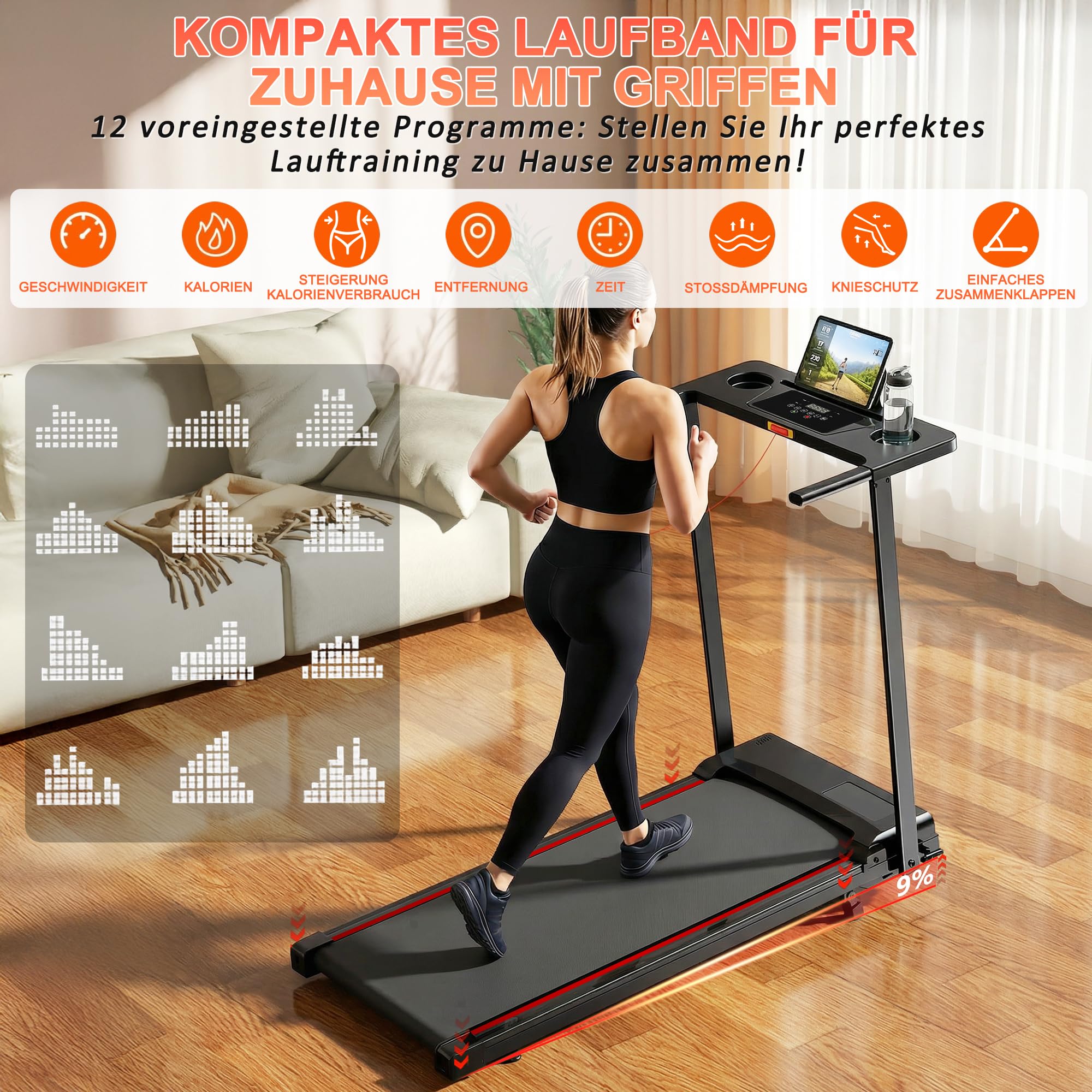 Walking Pad, 1-12 km/h Laufband für Zuhause mit 9% Steigung, 3,0 HP Laufband mit LED-Anzeige, Doppelte Stoßdämpfung, Maximale Gewichtsbelastung 120 kg, für den Einsatz zu Hause und im Büro Geeignet.
