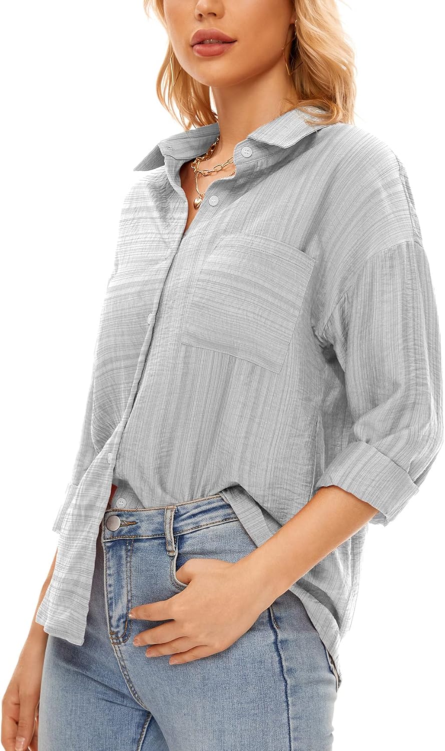 VIISHOW Womens Casual Button Down Shirts V Neck Stripe Long Sleeve Blouses Top with Pockets at  Women’s Clothing store