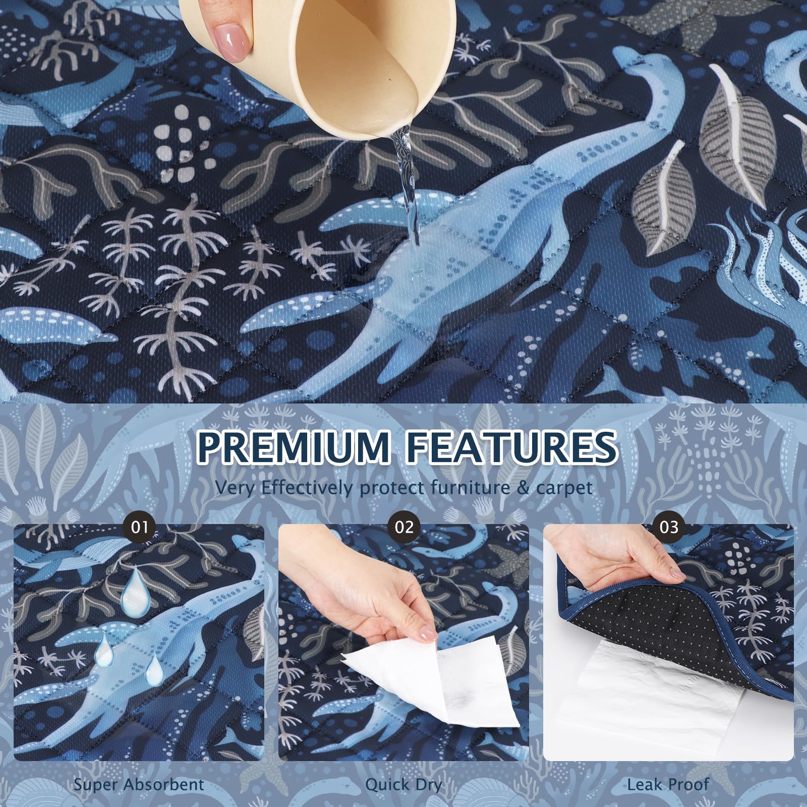 BVAGSS 2 Pezzi Tappetini Assorbenti per Cani, Tappeti Lavabili Riutilizzabili, Antiscivolo, Alta Assorbenza Addestramento traversine per cani XH081 (60x60cm,Dino Navy)