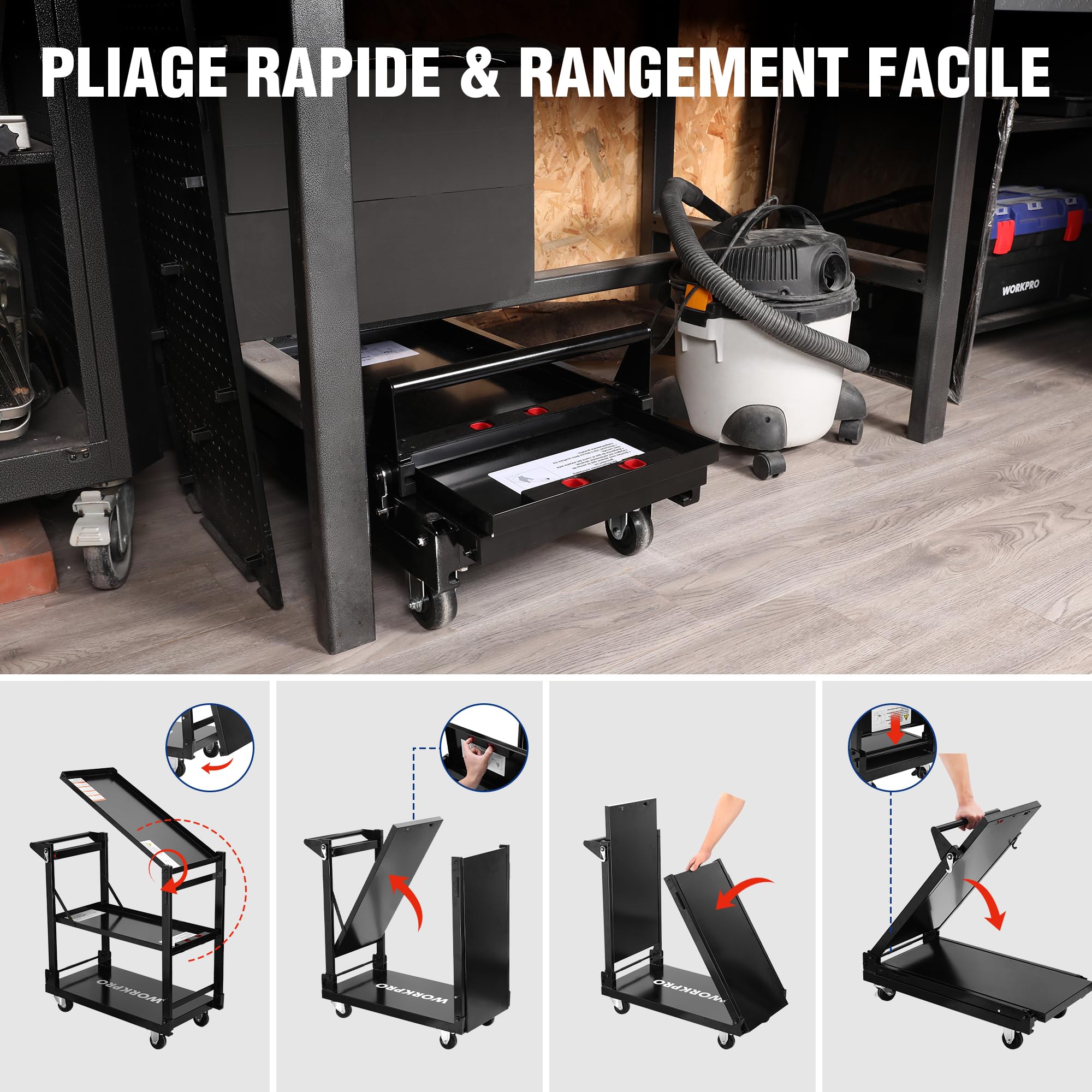 WORKPRO Chariot à Roulettes 3 en 1, Chariot Servante d’Atelier Pliable avec Poignée Latérale, 3 Niveaux de Rangement, Chariot de Service Mobile pour Garage, Atelier, Cuisine, Bureau, Entrepôt, Hôtel