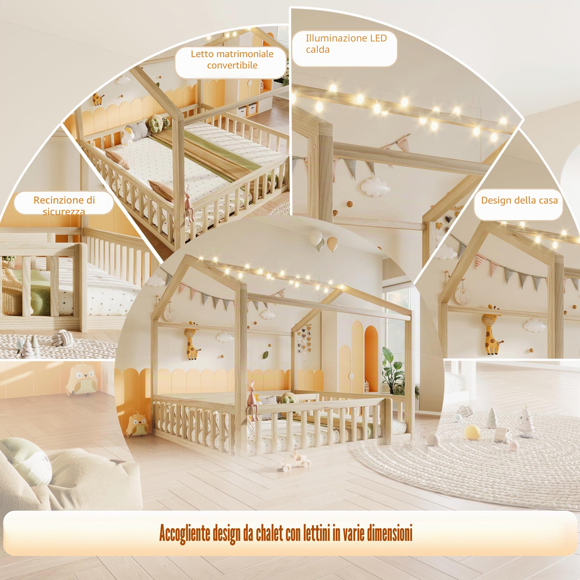 Soweiz Letto piano con rete a doghe, 90 x 190 cm x 2/180 x 190 cm, lettino con griglia, listello in legno di pino, senza materasso, perline LED (naturale)