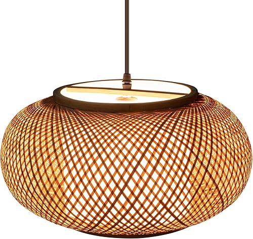 Miniatura 3 de Flhonudi Lámpara colgante de bambú de 16 pulgadas, 1 luz tejida a mano, lámpara de techo colgante de mimbre de ratán para dormitorio, isla de cocina