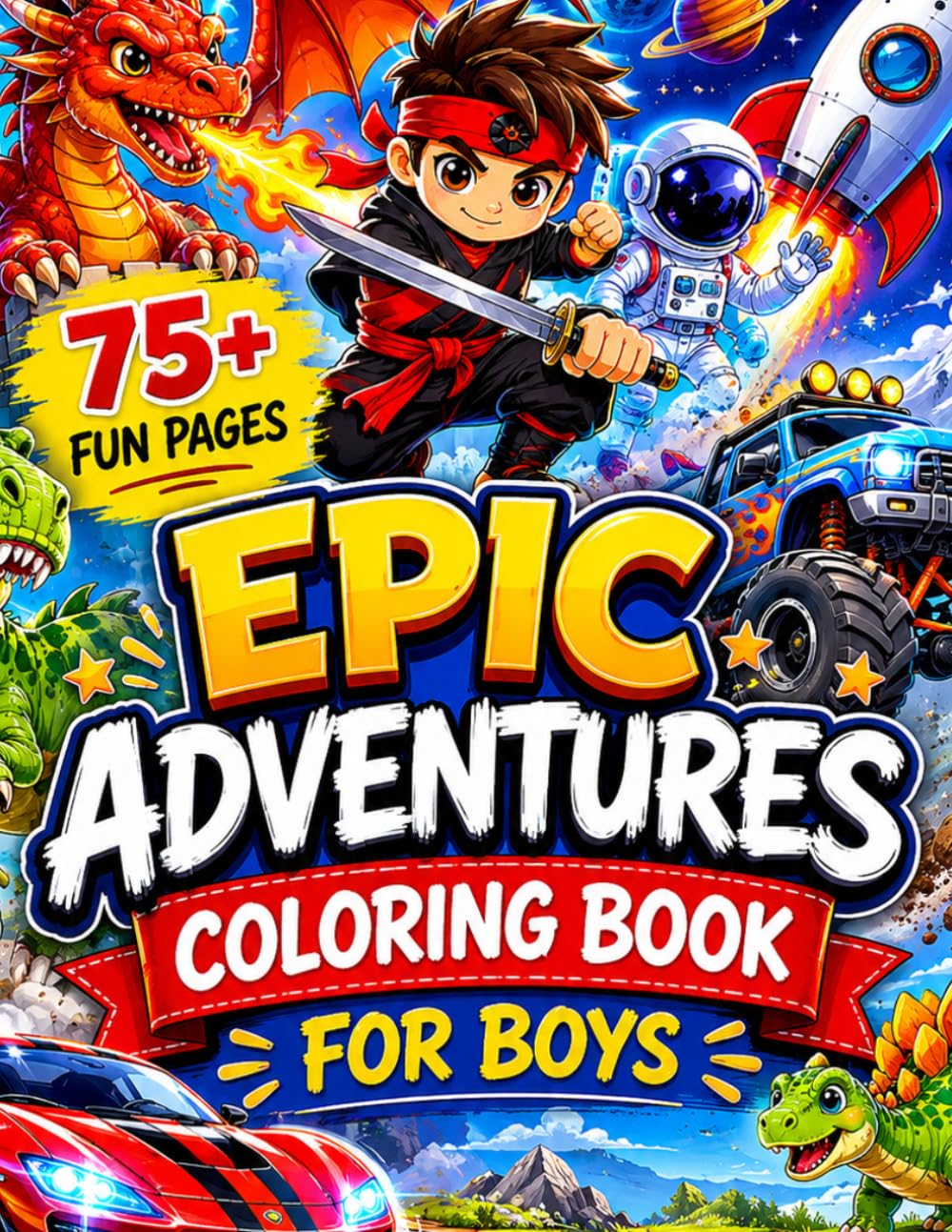 The Ultimate Coloring Adventure: 75+ Bold & Fun Pages Featuring Ninjas, Cars, Dragons, Trucks, Dinosaurs & Space Adventures