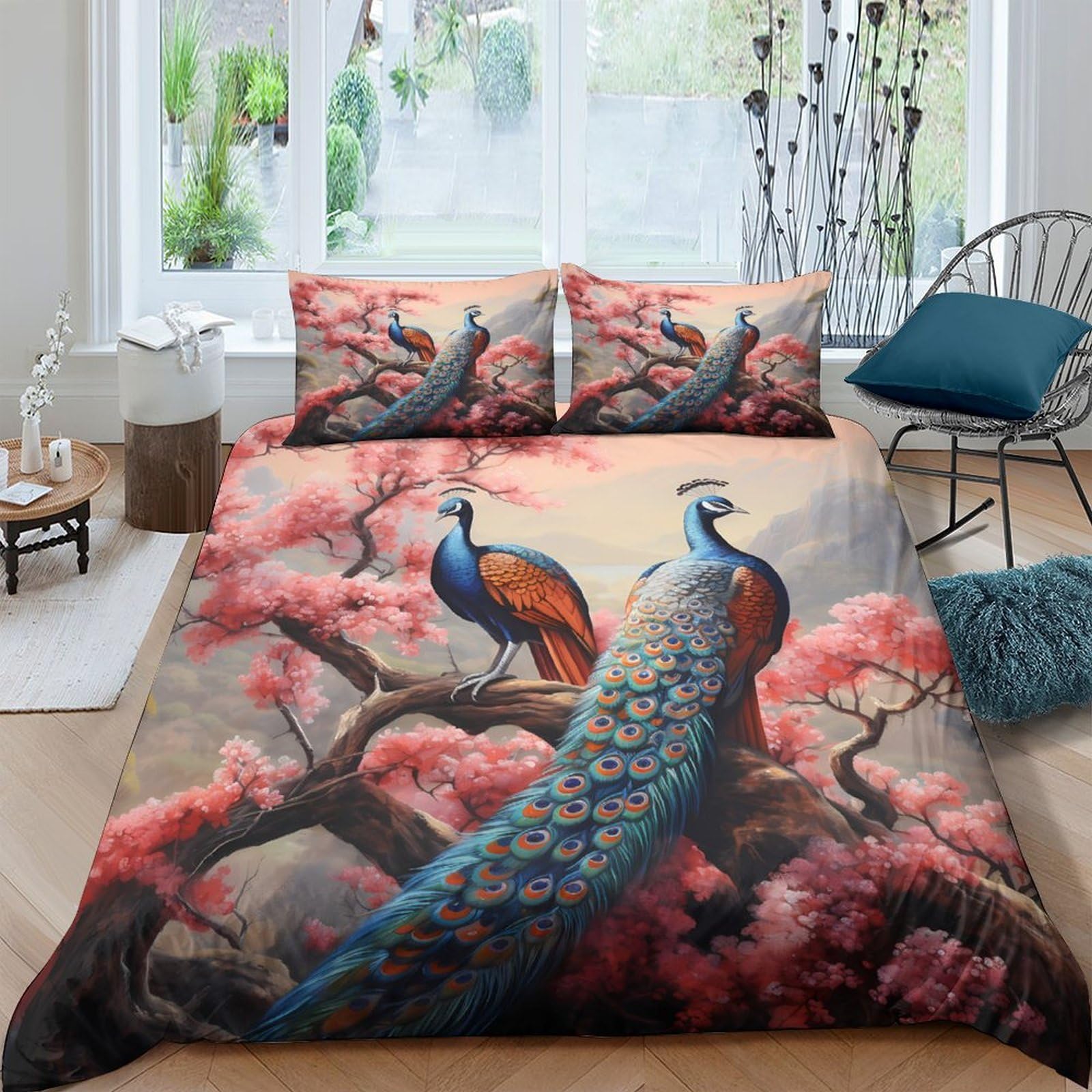 Ctjqhvkz Style-9 3D Printed Peacock Blossom Fitted Sheet Microfiber Soft Breathable Bird Art Mattress Cover For Bedroom Decor Single（135X200cm）