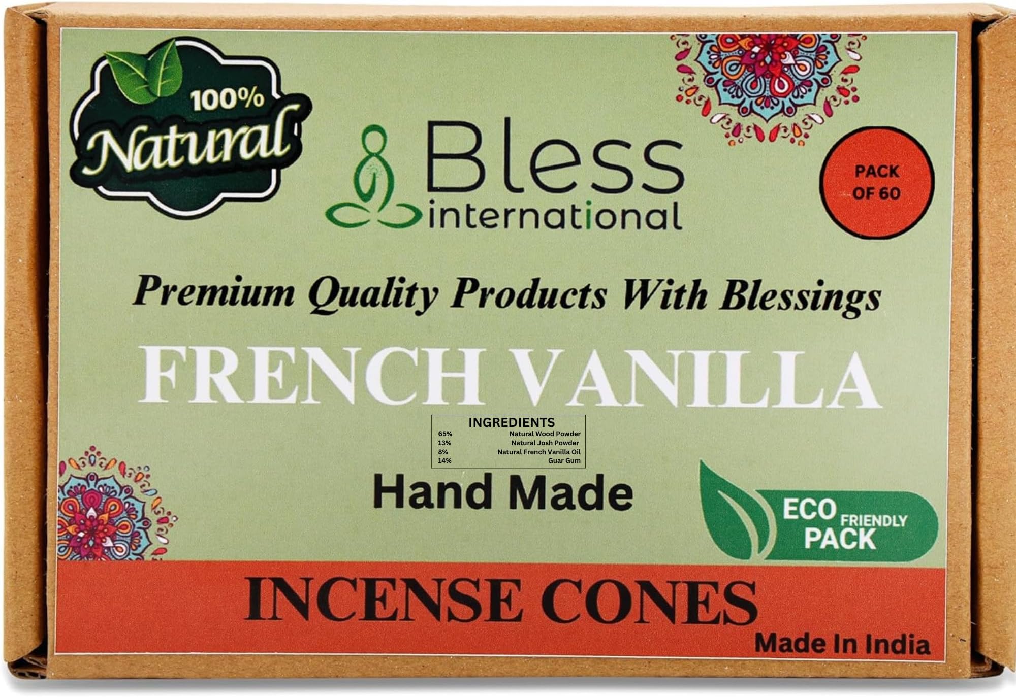 - Bless International French-Vanilla 100%-Natural-Incense-Cones Handmade-Hand-Dipped Organic-Chemicals-Free for-Purification-Relaxation-Positivity-Yoga-Meditation The-Best-scents (60 Count)