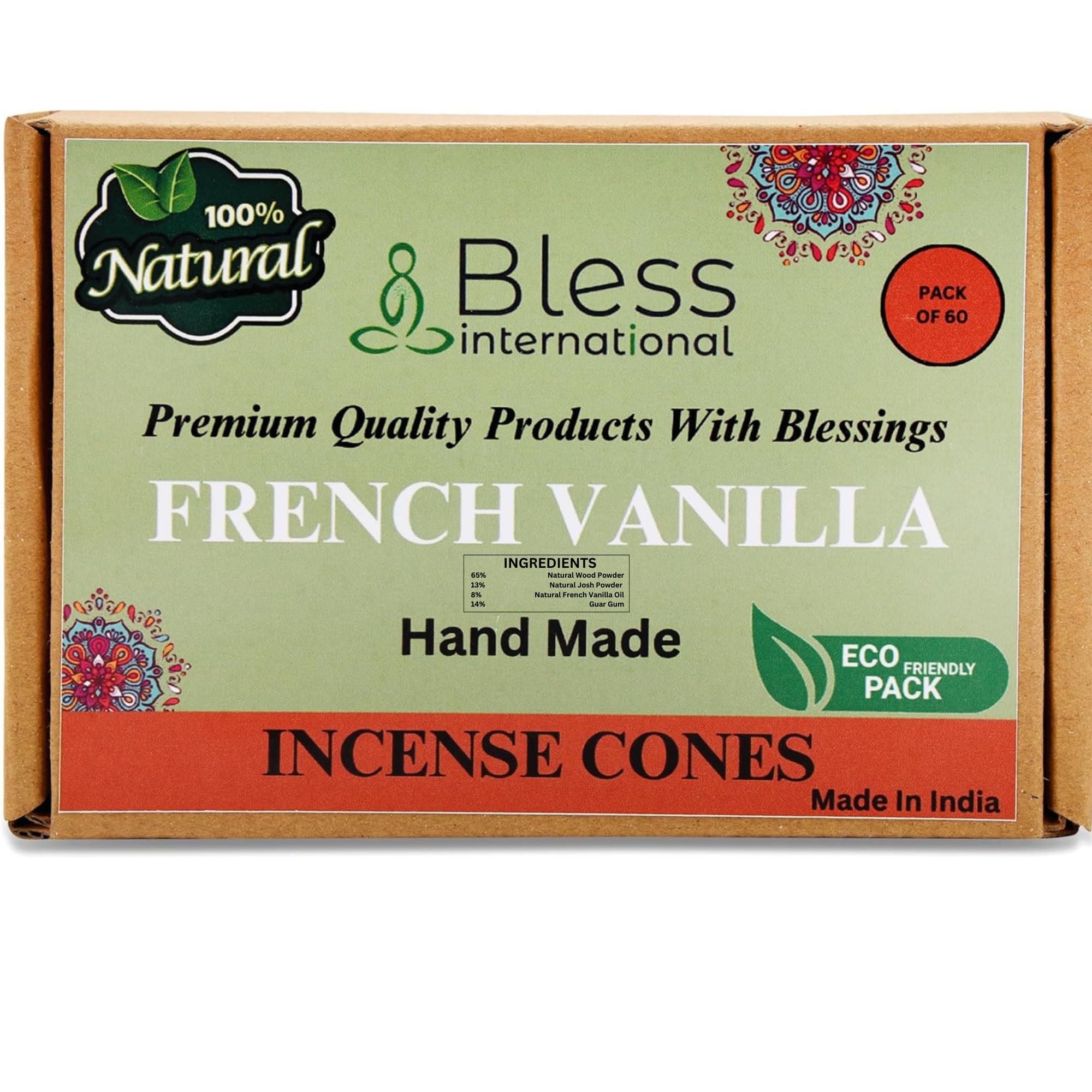 Bless International French-Vanilla 100%-Natural-Incense-Cones Handmade-Hand-Dipped Organic-Chemicals-Free for-Purification-Relaxation-Positivity-Yoga-Meditation The-Best-scents (60 Count)