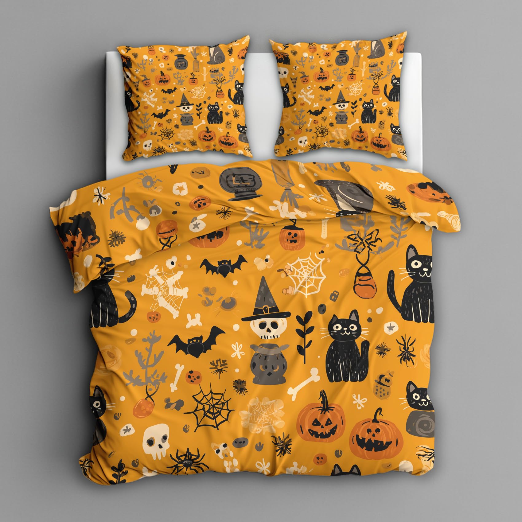 Generisch Bettwäsche 200x200 Kinder Halloween Design, 3teilig - Orange Totenkopf Kürbis Bettbezug und 2 Kissenbezug 80x80, Wendebettwäsche, Schlafzimmer Deko, Mikrofaser, mit Reißverschluss (K-19P)