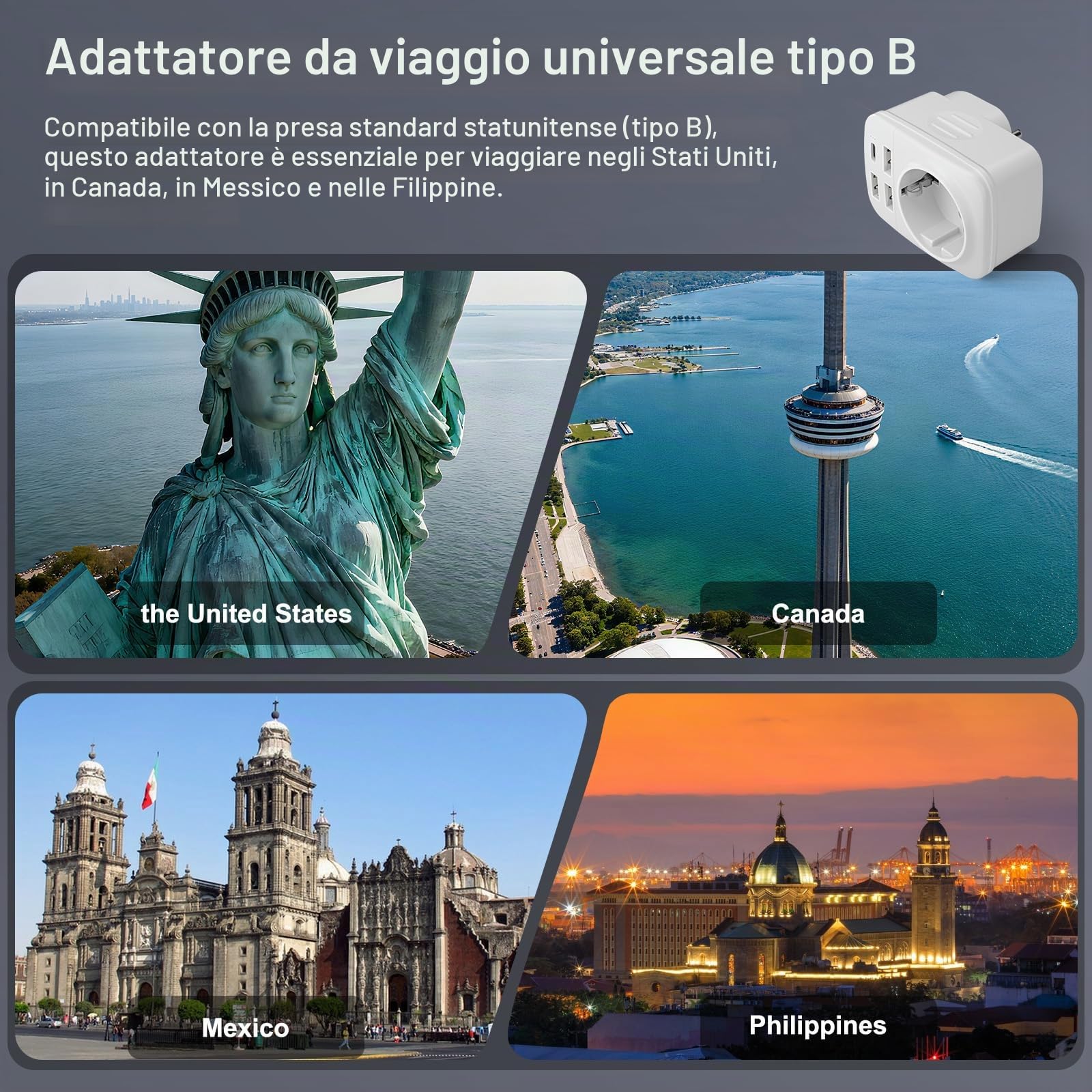 Hoppac Adattatore USA 5 In 1 Con 3 USB-A E 1 USB-C – Per Viaggi In America E Caraibi