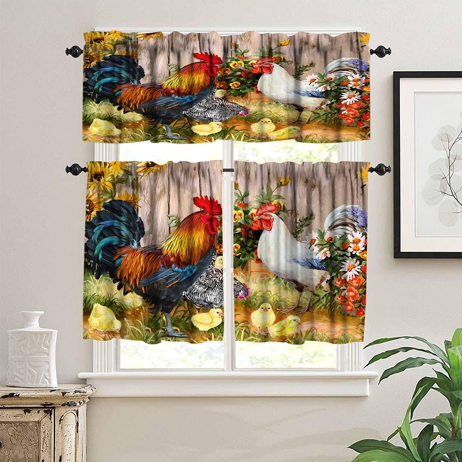 XBDDZSW Rooster Rustic 3 Piece Kitchen Curtains Farm Watercolor Painting Sunflower and Chicken Pattern Printing Decoration Curtain Set 54x24 Inch, 3 Piece
