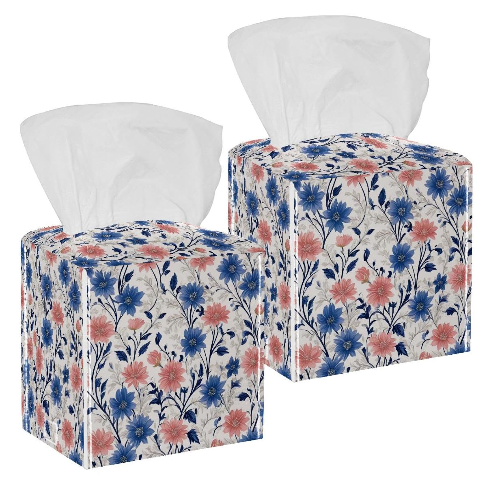 Aesthetic Flower Tissue Box Cover, 2 Pack PU Leather Square Facial Tissue Dispenser Box holder for Home Office Car