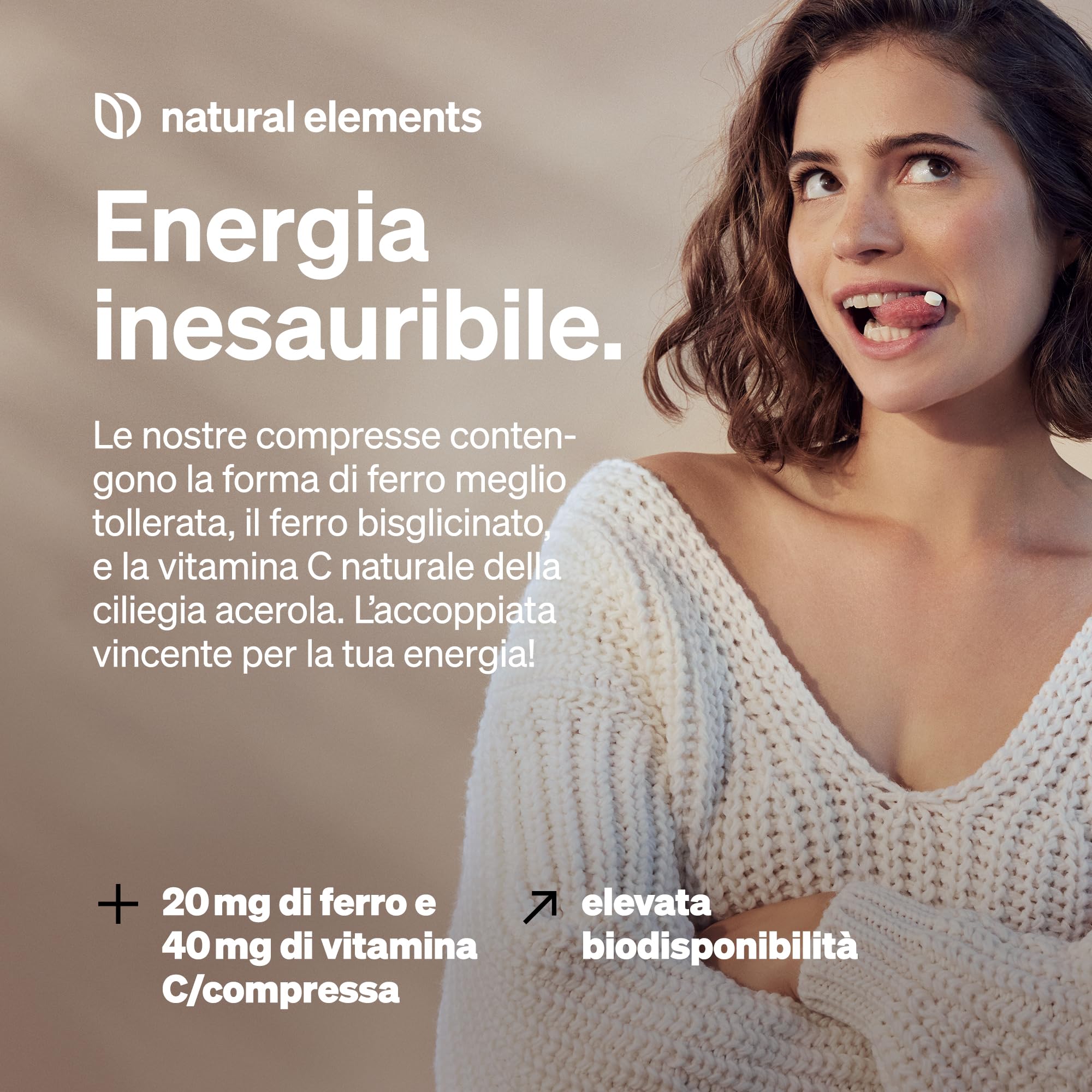 natural elements Integratore Ferro con 40mg Vitamina C (da bisglicinato ferroso) – 240 compresse vegane – vitamina C naturale da acerola – complesso chelato ben tollerato – ad alto dosaggio