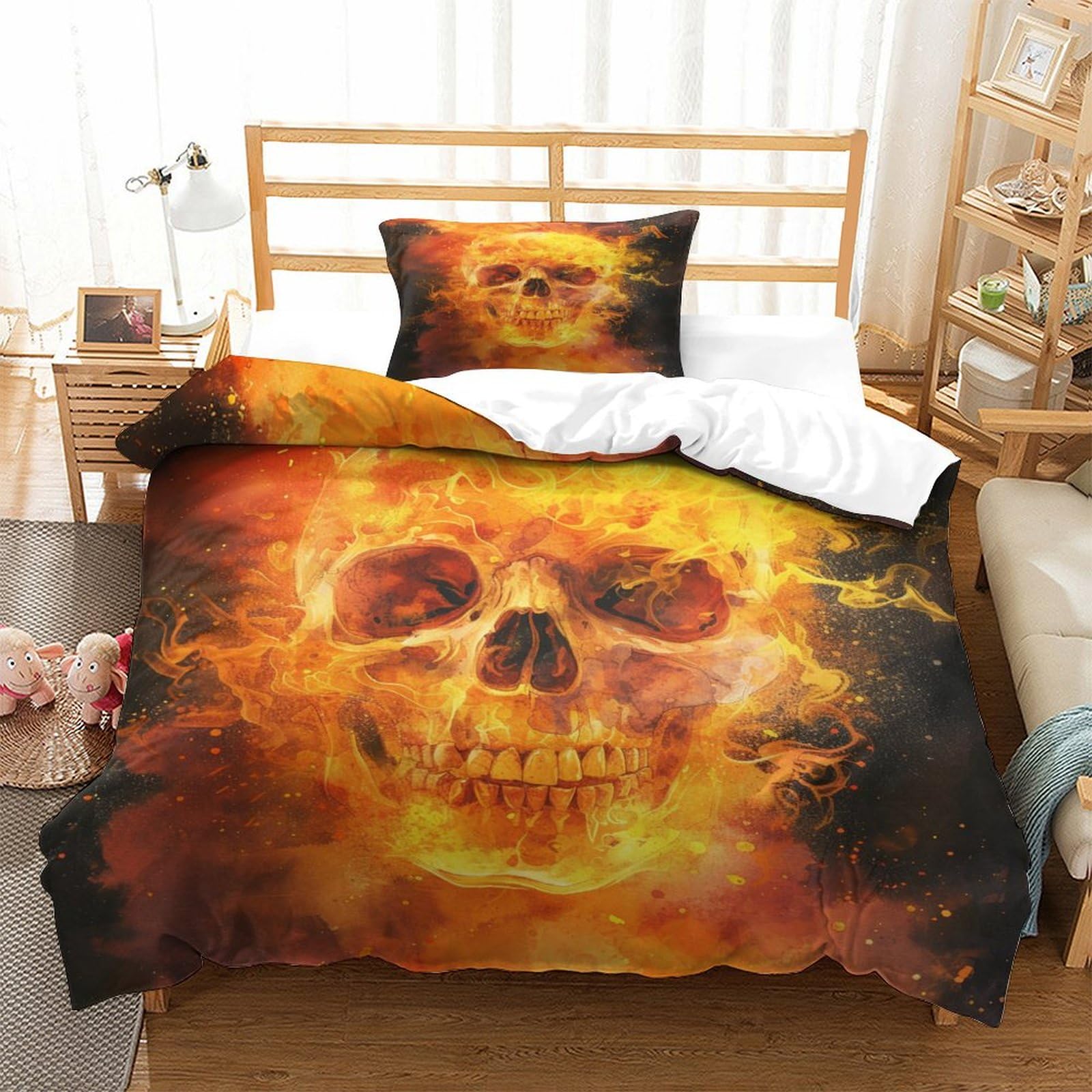 P1S9U7W5Y Fiery Skull 3D Printed Duvet Cover Set 3pcs Microfiber Flame Skull Bedding Set Single（135x200cm）