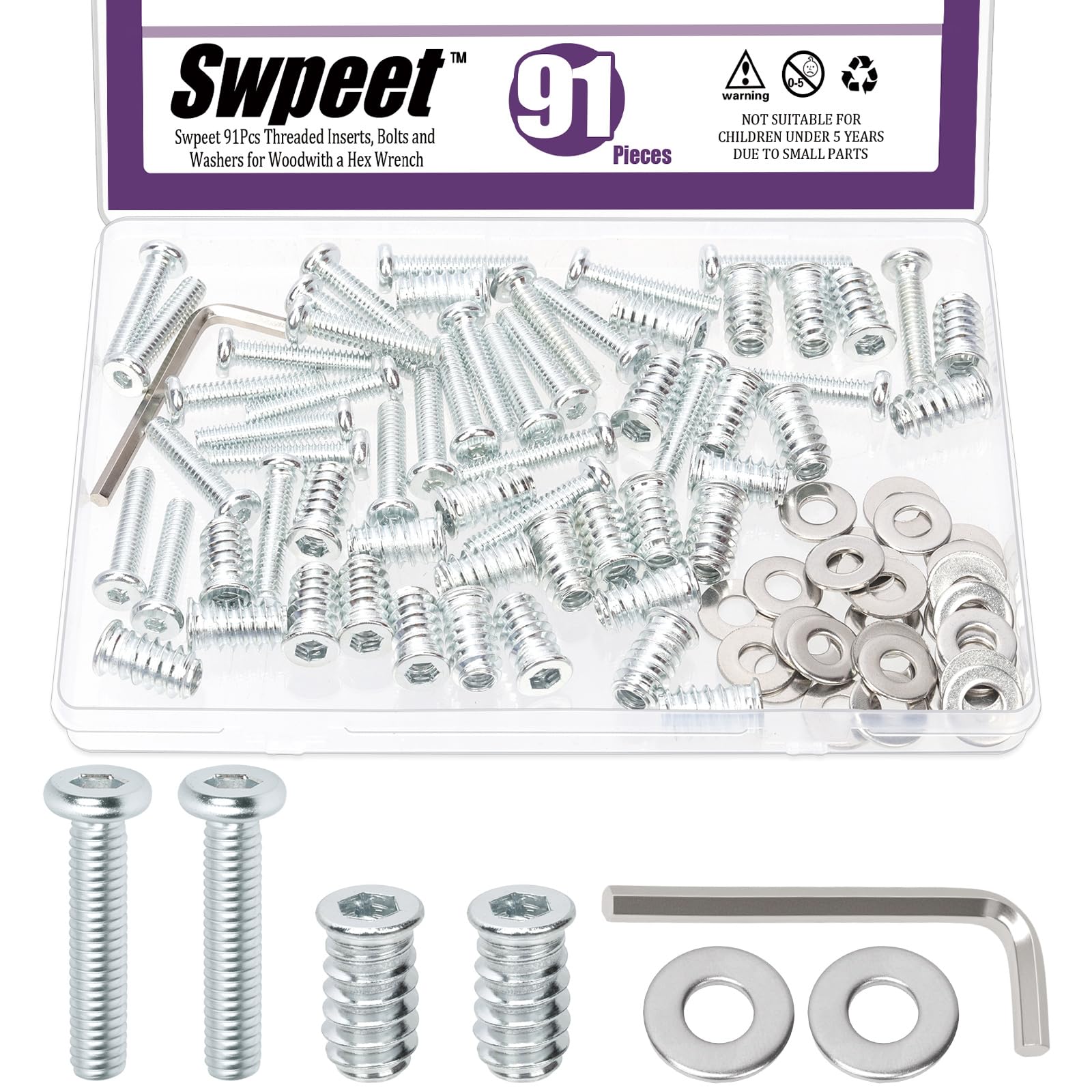 Swpeet 30 Sets 1/4-20ร30 White Zinc Plated Threaded Inserts and Bolts Washers Kit, 1/4-20ร30mm Flat Head Hex Socket Furniture Bolts for Woodworking, Hex Drive, Allen Wrench, Total 91Pcs