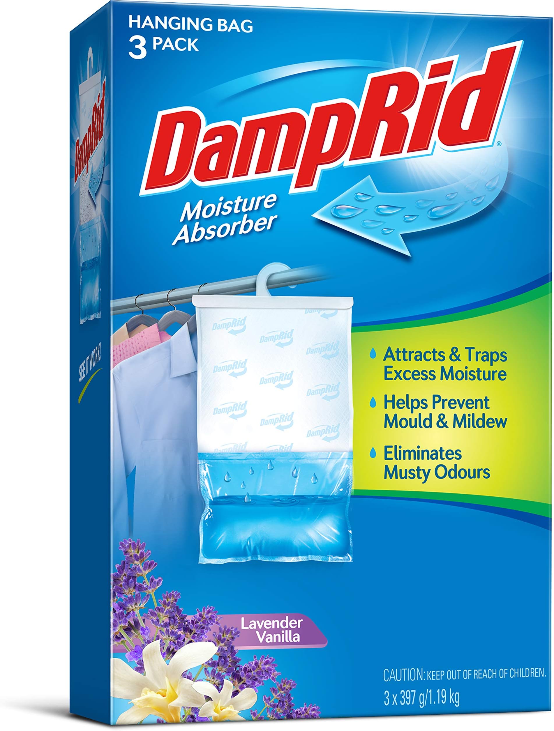DampRid FG83LV Hanging Moisture Absorber Lavender Vanilla, 3-Pack