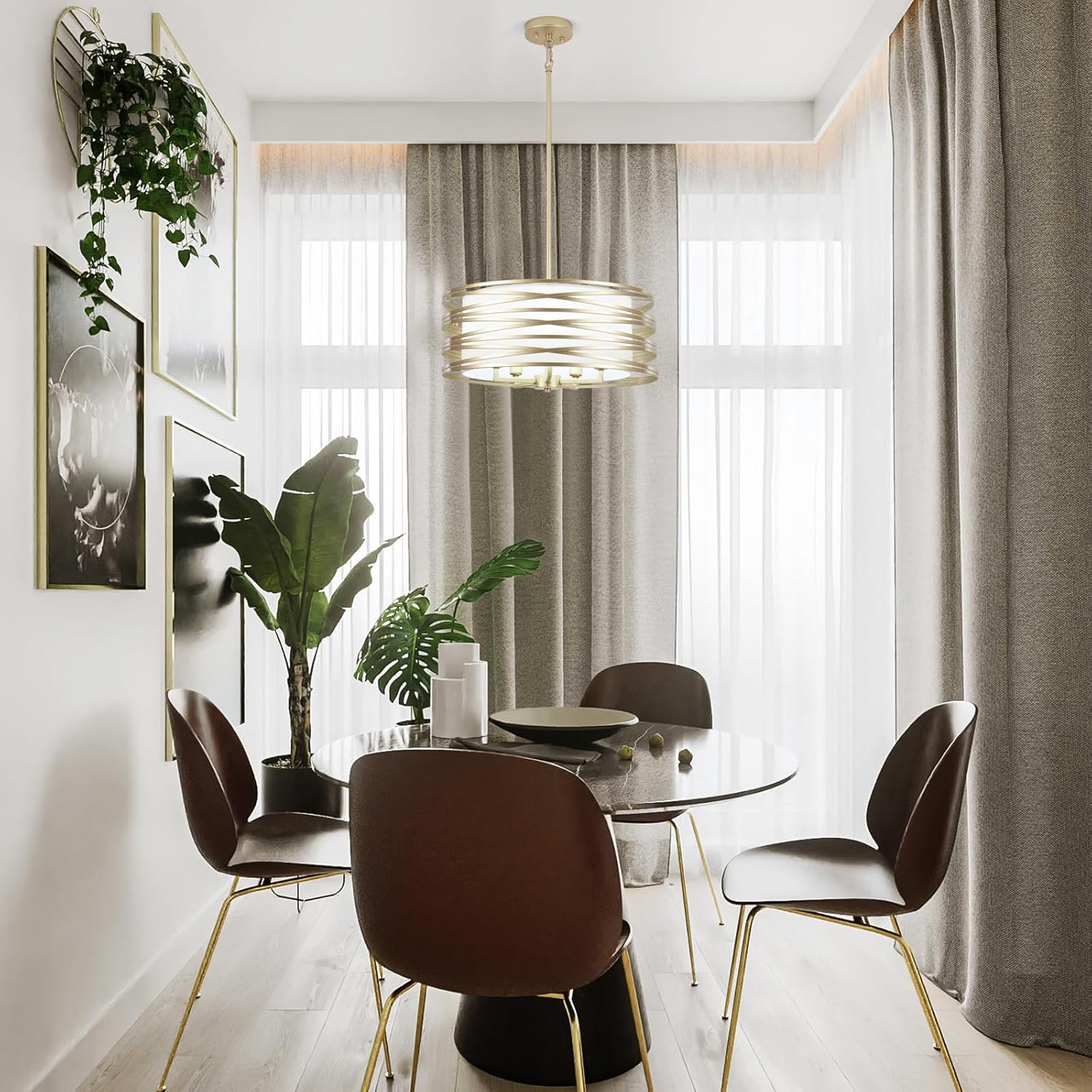 Drum Chandeliers Sprayed Gold Chandelier for Dining Room 18.89’’ Inches Drum Chandelier with White Shade Industrial-5 Light Gold Pendant Ligh Fixtures for Entryway Kitchen Island