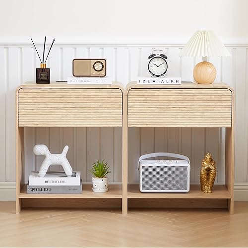 Miniatura 11 de Juego de 2 mesas auxiliares estriadas con estación de carga, mesa auxiliar moderna de mediados de siglo con almacenamiento de cajones, mesitas de 2