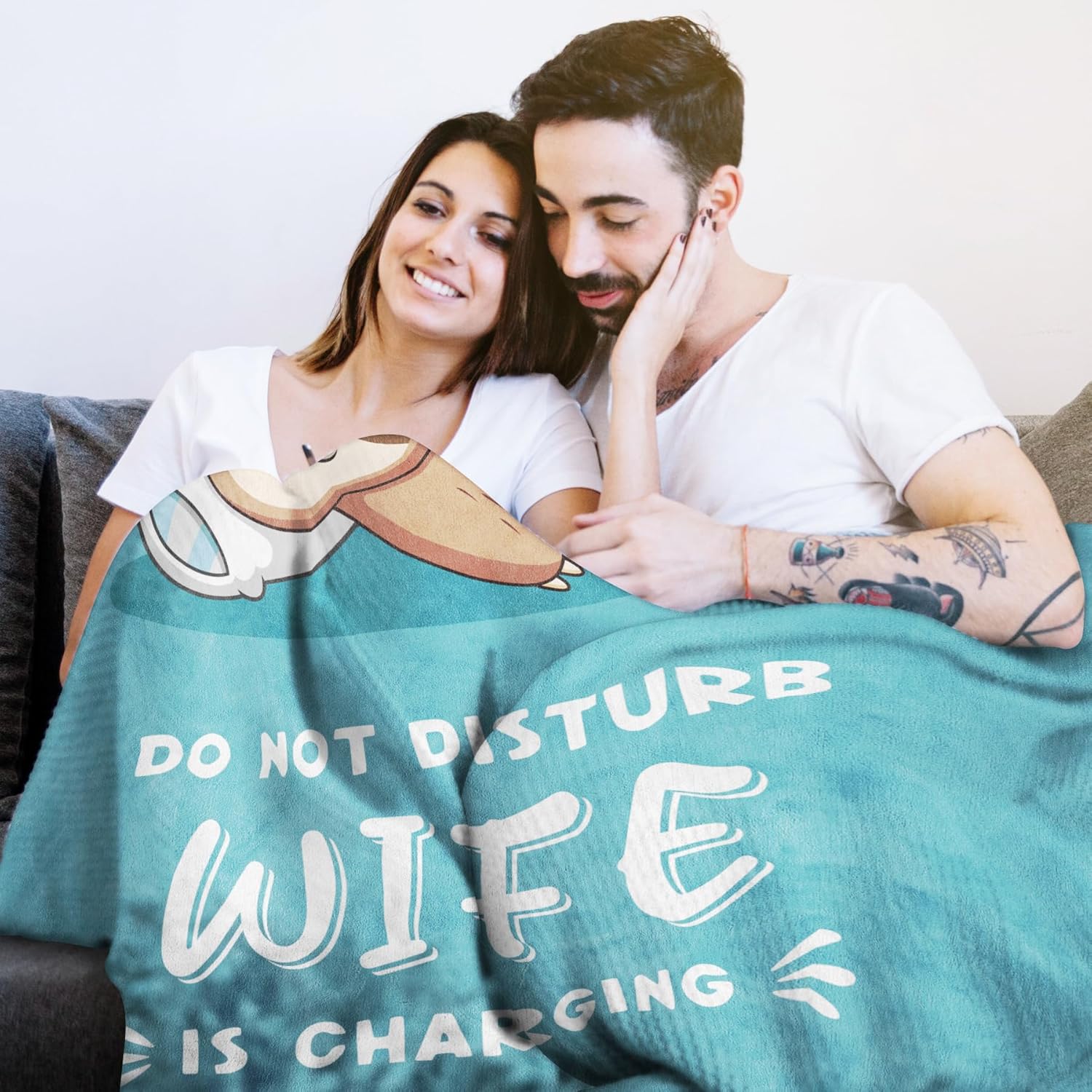 Funny Gifts for Wife, Anniversary Wedding Gifts for Wife, Wifey is Charging Sloth Blanket, Birthday Gift for Wifey from Husband, Gift for Her Christmas 60" x 50", Cyan - Image 3