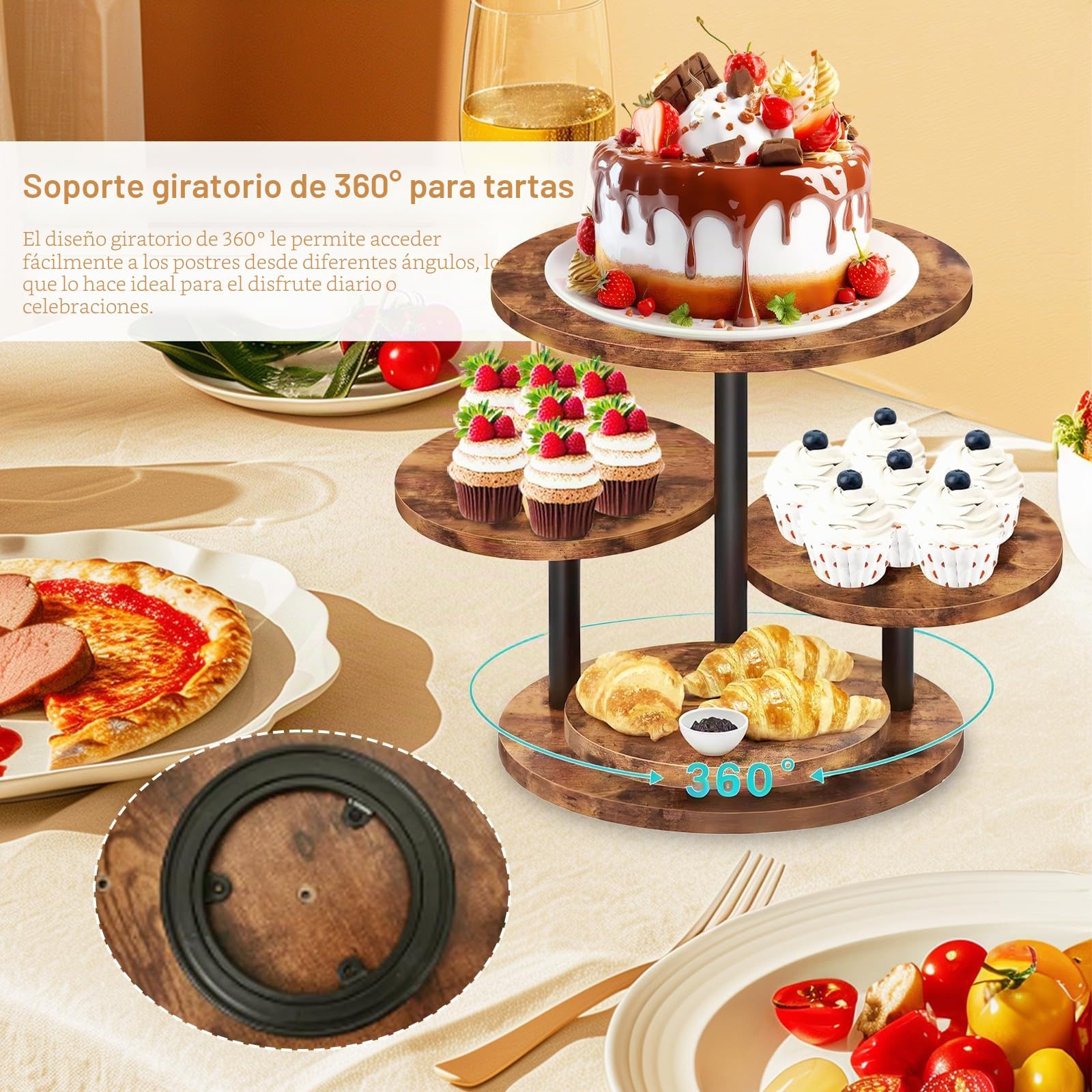 Soporte Para Cupcakes De 4 Niveles De Madera, Bandejas Escalonadas Con Diseño Giratorio De 360° Ideal Para 50 Magdalenas Tartas Donas Y Frutas DecoracióN Para Bodas Navidad Y Fiestas
