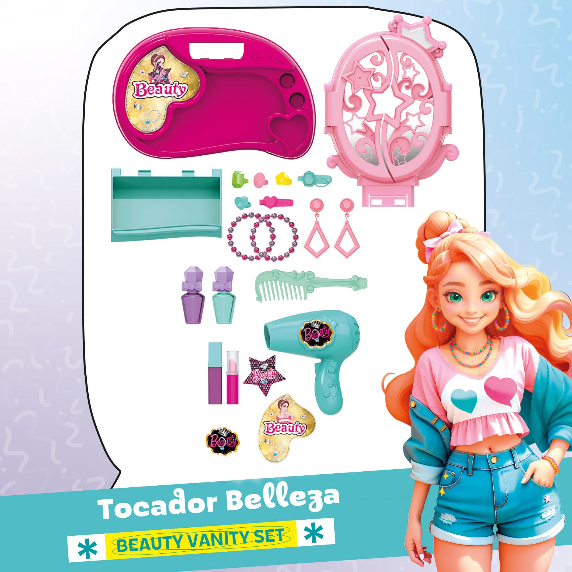 ColorBaby Beauty Love Tocador Infantil luz y Sonido, Medidas 27x18x31,5 cm, Incluye Espejo, secador, Peine, perfumes, pintalabios, Anillos, Pulseras y Accesorios, Desde 3 años (39439)