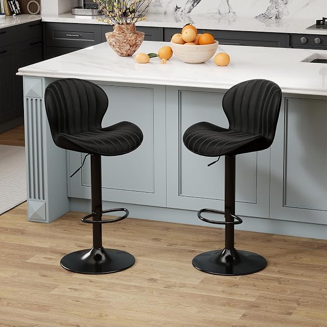 Youhauchair Modern Bar Stools Set of 2, Velvet Height Adjustable Swivel Barstools, Armless Kitchen Island Counter Chairs with Back & Footrest, Black | Modern, Height Adjustable, Swivel, Armless, Kitchen Island Chairs with Back & Footrest, Soft, Uphol
