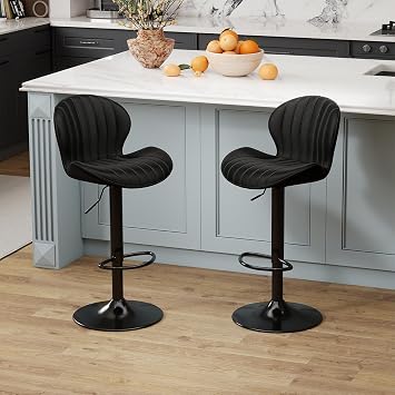 Youhauchair Velvet Fabric Counter Height Bar Stools Set of 2, Black | Modern, Height Adjustable, Swivel, Armless, Kitchen Island Chairs with Back & Footrest, Soft, Upholstered Dining Room Chair