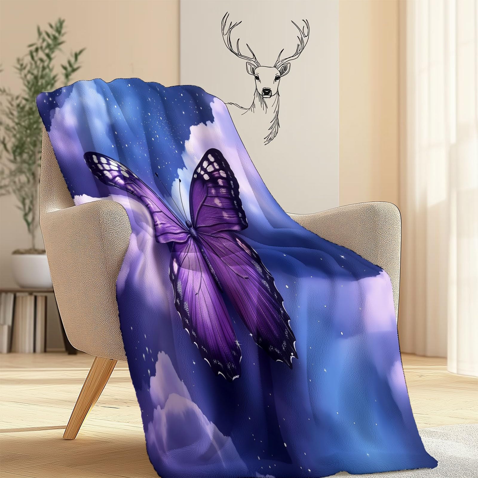 Coperta in pile di flanella 200 x 220 cm, Morbido e caldo, Motivo con Cielo Stellato Fantasy Farfalla, Coperta per camera da letto soggiorno ufficio, Viola