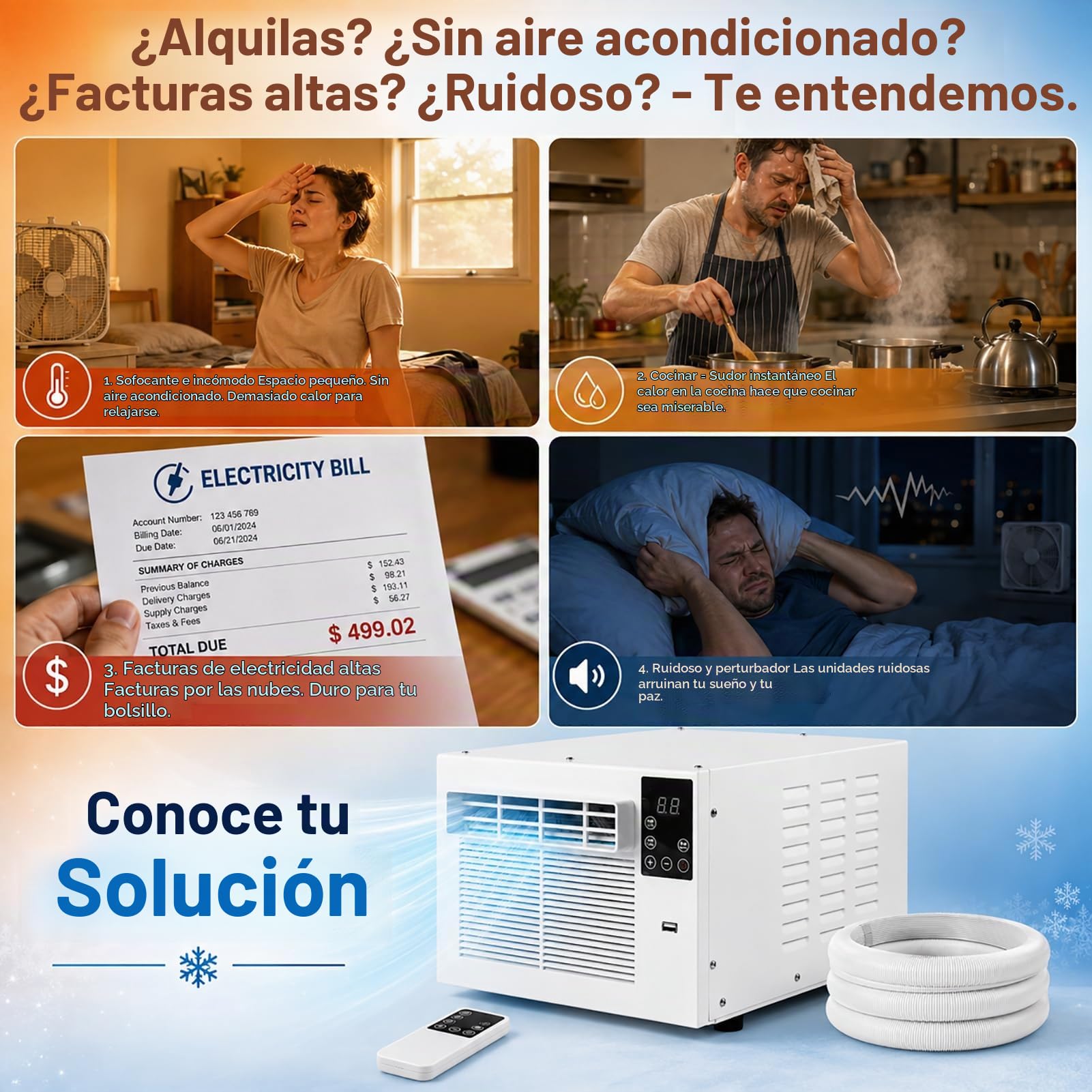 Aire Acondicionado Portátil con Compresor y Enfriamiento Rápido, Silencioso 45dB, Deshumidificador y Temporizador 1-12h, Control Remoto, Bajo Consumo 280W, Ideal para Dormitorio y Cocina