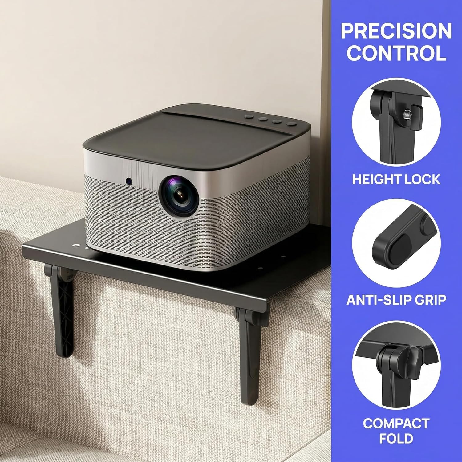 No-Drilling Projector Wall Mount Shelf, Adjustable Foldable Metal Stand with Perforated Tray, 44 lb Load, Removable Legs for Wall Setup, 3-Level Height, 10.59×8.19 in, Space-Saving Bedside/Sofa