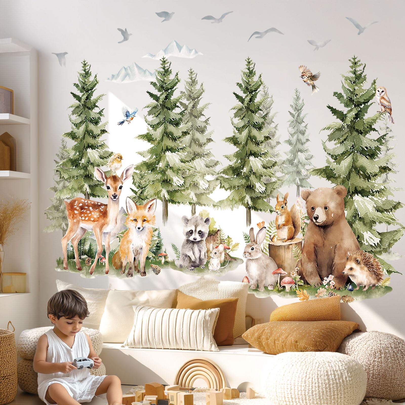 DECOWALL SG4-2422 Wandtattoos mit Kiefern und Waldtieren Berg Wald Wald Tier Hirsch Fuchs Wand Aufkleber Kinder gemütliche Zimmer Kinderzimmer Schlafzimmer Spielzimmer Dekor
