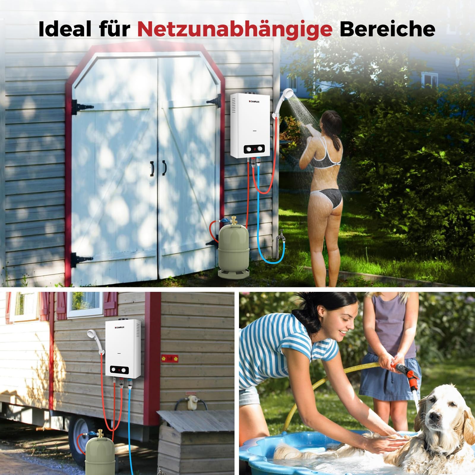 CAMPLUX BD264-DE Gas-Durchlauferhitzer, 10 Liter, LPG, 50 mbar, für Wohnmobil/Camping/Garten/Mobilhäuser/kleine Häuser