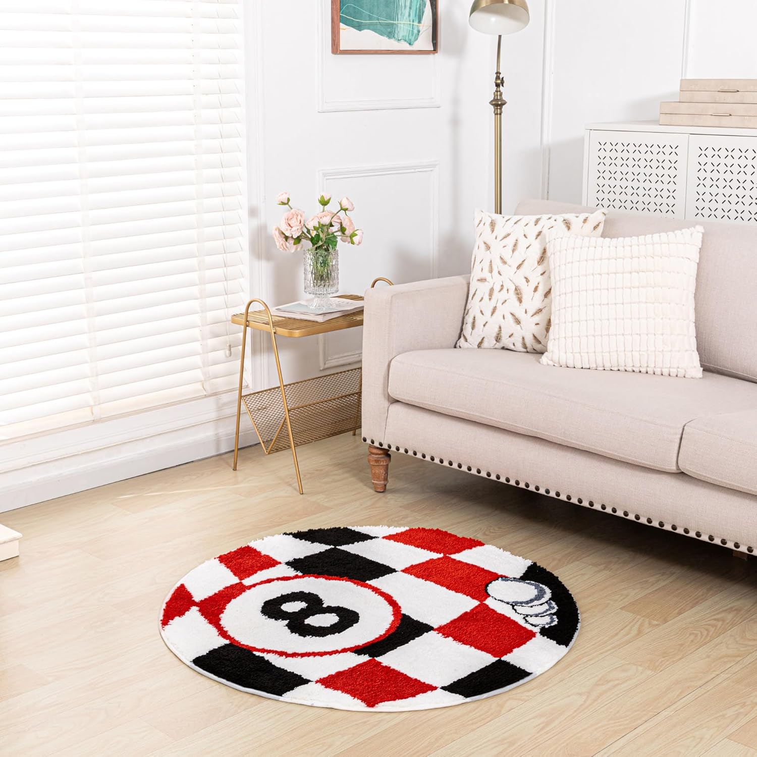 8 Ball Rug - 39.3 inch Checkered Area Rug Billiard Pool 8 Ball Carpet, Non-Slip Flocking Floor Bath Mat for Shower, Round Rug, Graphic Rug, Y2K Rugs, Cool Rugs Doormat for Living Room Decor