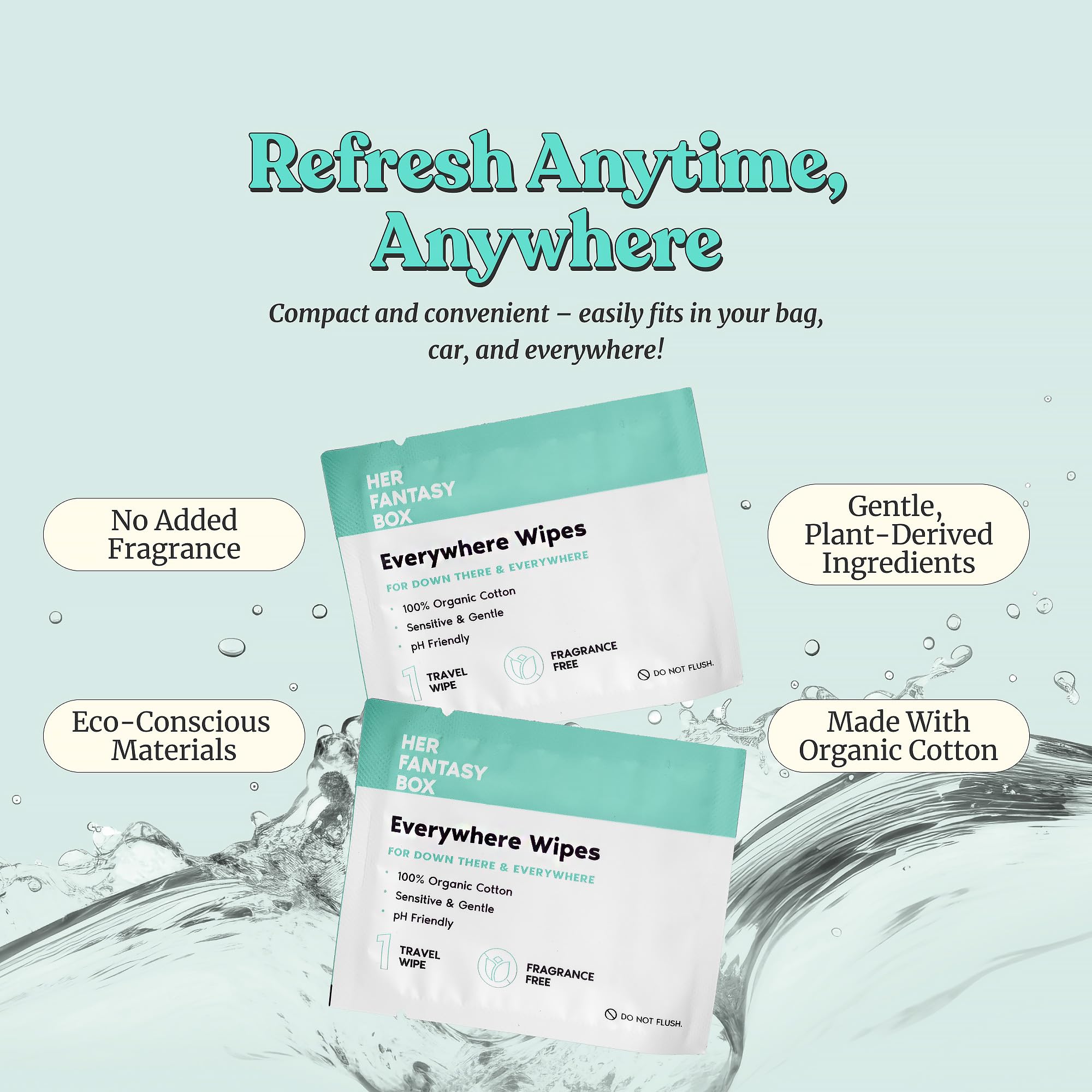 Her Fantasy Box | Everywhere Wipes – 100% Organic Cotton, Gentle & Refreshing, pH-Balanced, Fragrance-Free, Plant-Powered for Body, Face & Intimate Areas, Ideal for Sensitive Skin - 1 Pack, 15 Wipes