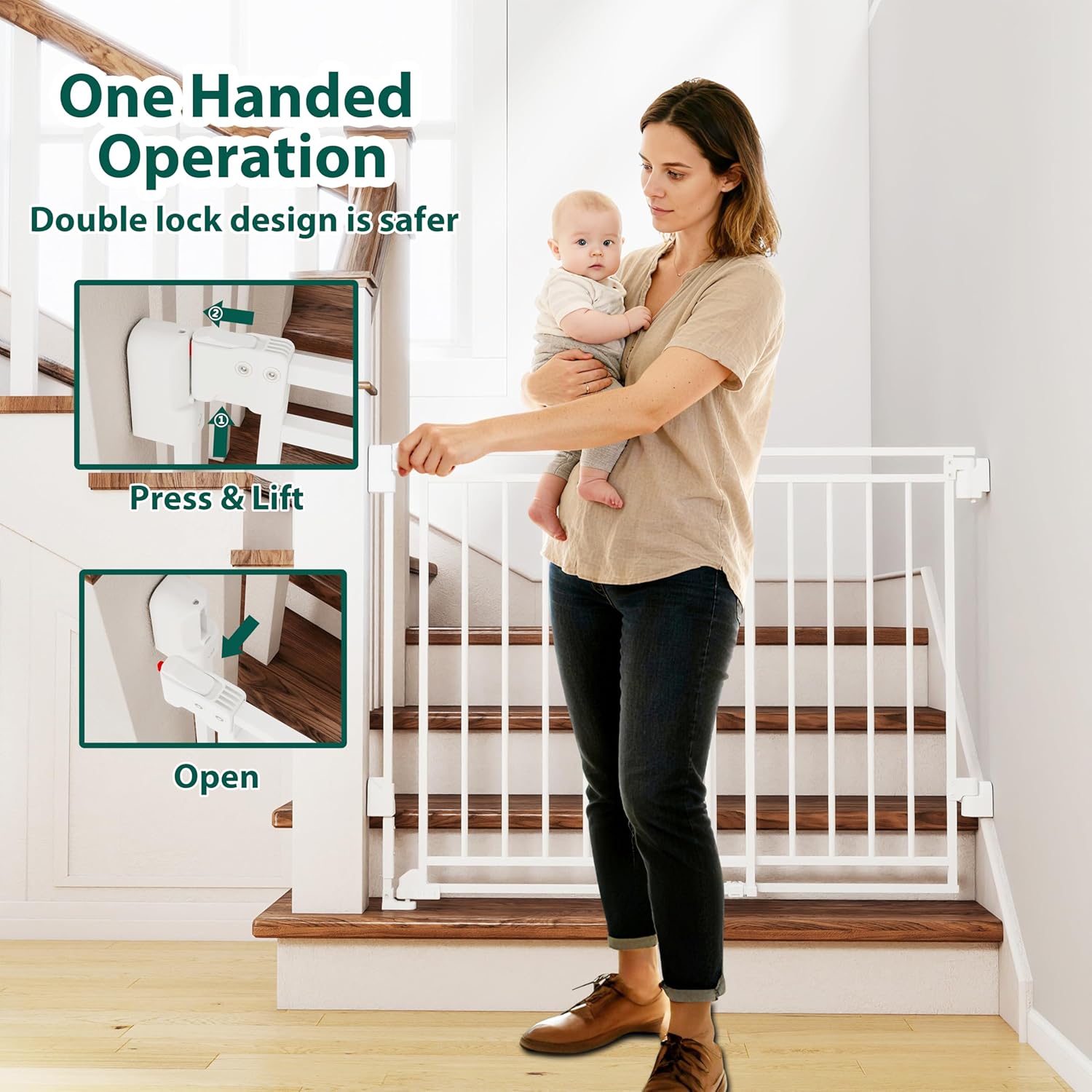 26.5-43" No Bottom Bar Baby Gate for Stairs and Doorways, 29" Tall Hardware-Mounted Baby Gate for Top and Bottom Stairs, Auto-Close Dog Gate Indoor with Extra Wide Walk Thru