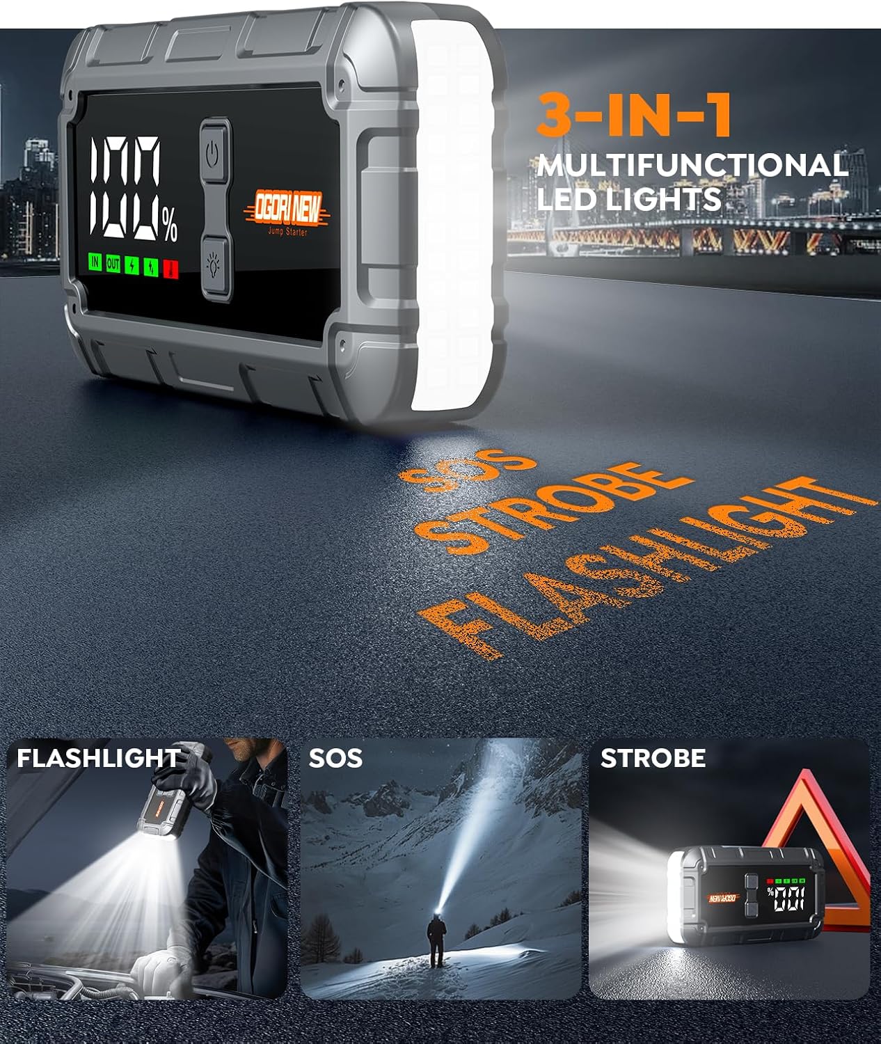 Jump Starter Power Pack, 7000A Car Battery Booster Jump Starter and Jump Pack for 12V Vehicles, OGORI NEW Battery Booster with LCD Screen and Flashlight (10L Gas/8L Diesel)