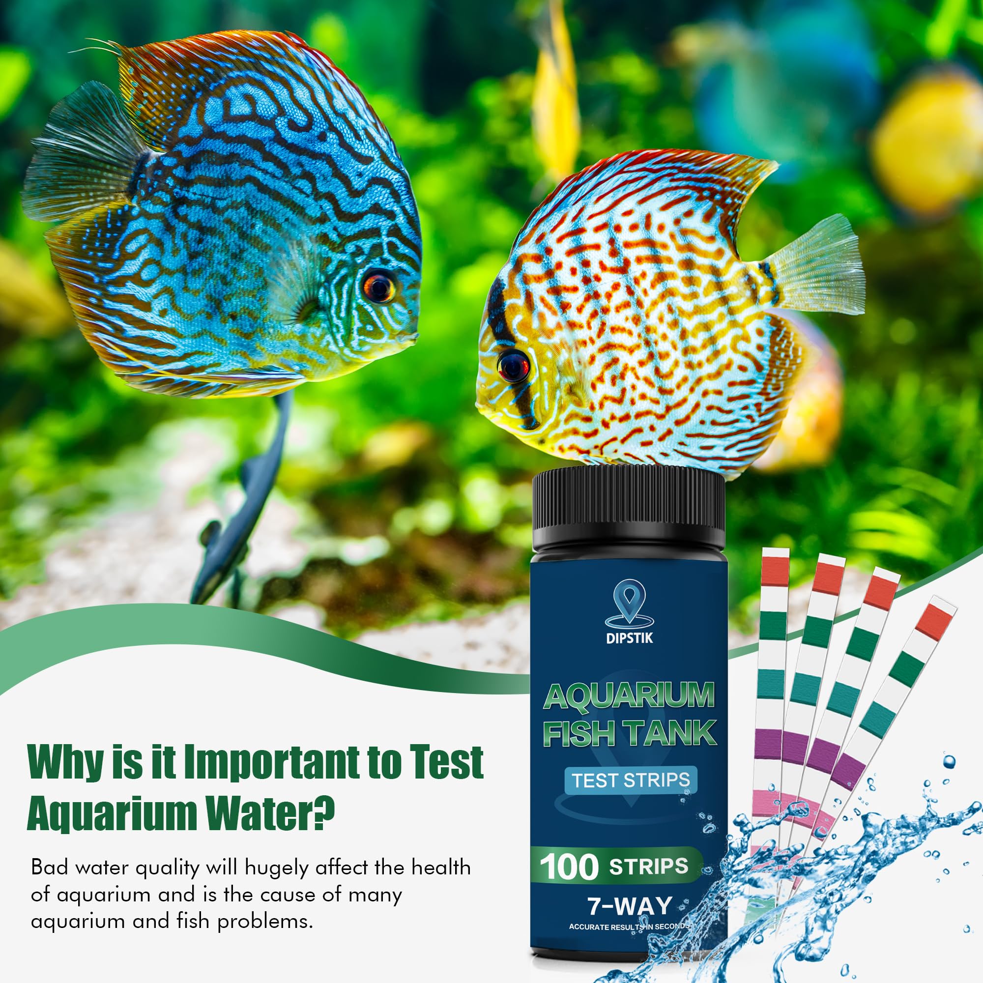 Aquarium Test Strips, 7-Way Aquarium Test Kit for Freshwater Saltwater,100 Strips Quick and Accurate Fish Tank Pond Test Strips,Test Nitrate, Nitrite, Chlorine,Hardness,Alkalinity, Carbonate, Ph