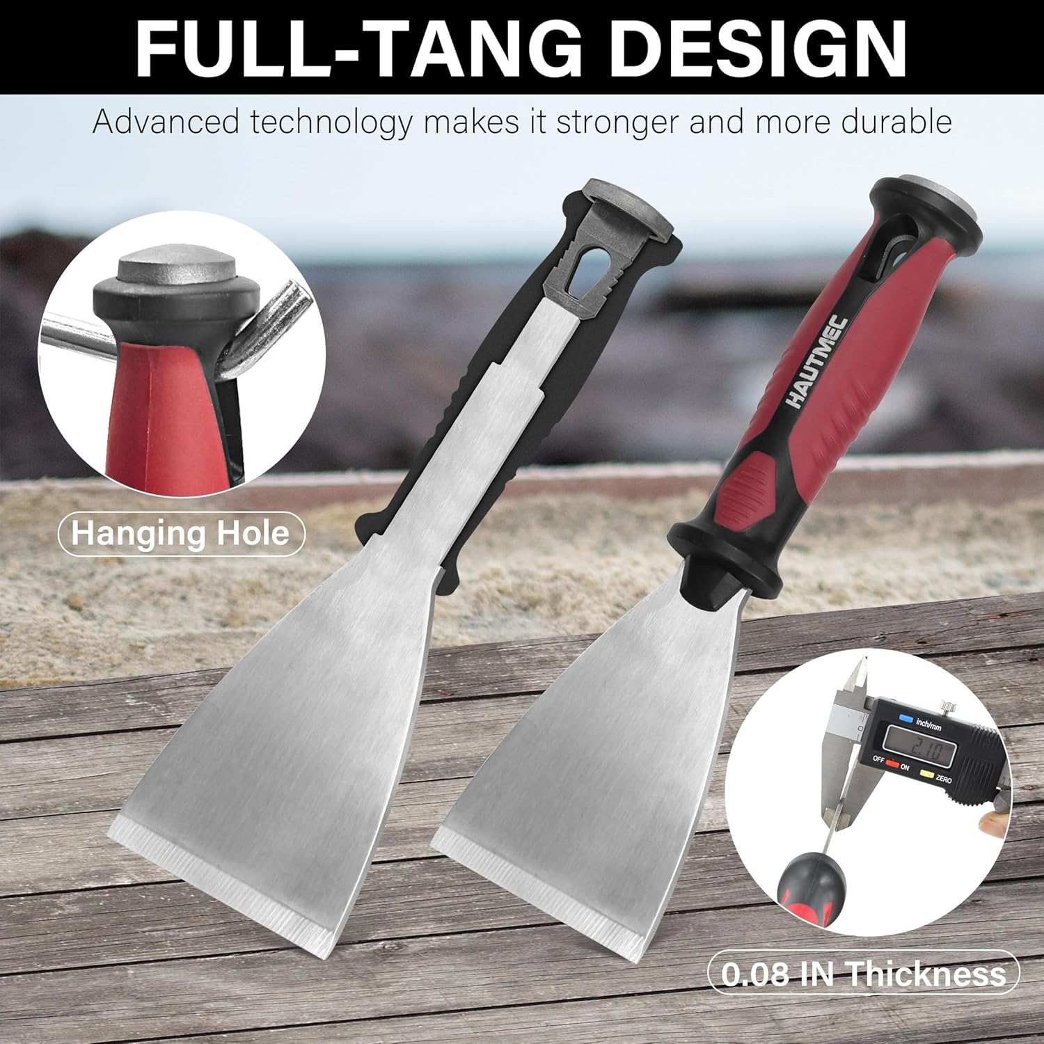 HAUTMEC 3pc Putty Knife Set, 1.25 in - 2 in - 3 in Paint Scraper, Flat Heavy Duty Stainless Steel Blade and Hammer End for Removing Wallpaper for Puttying Plaster, Cement HT0062-PT