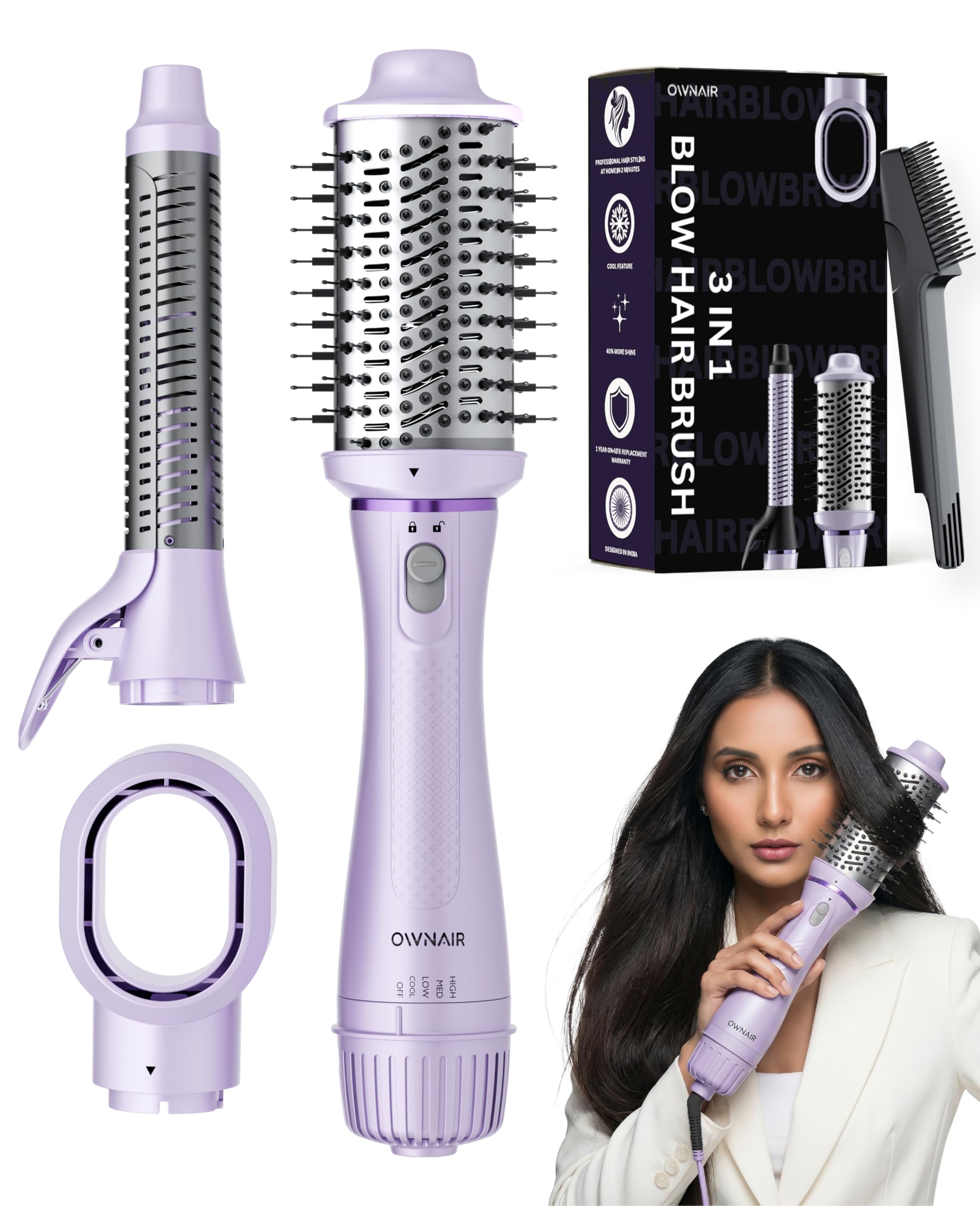 Ownair Hot Air Brush for Hair with Dryer and Curler, 4 Heat & Speed Modes, 1200 Watts, Hair Dryer for Women, Styling Brush with 360° Swivel Cord for Easy Styling