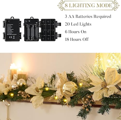 Miniatura 5 de Valery Madelyn Guirnalda de Navidad preiluminada de 6 pies con luces para manto, guirnalda de Navidad iluminada al aire libre con bolas de oro