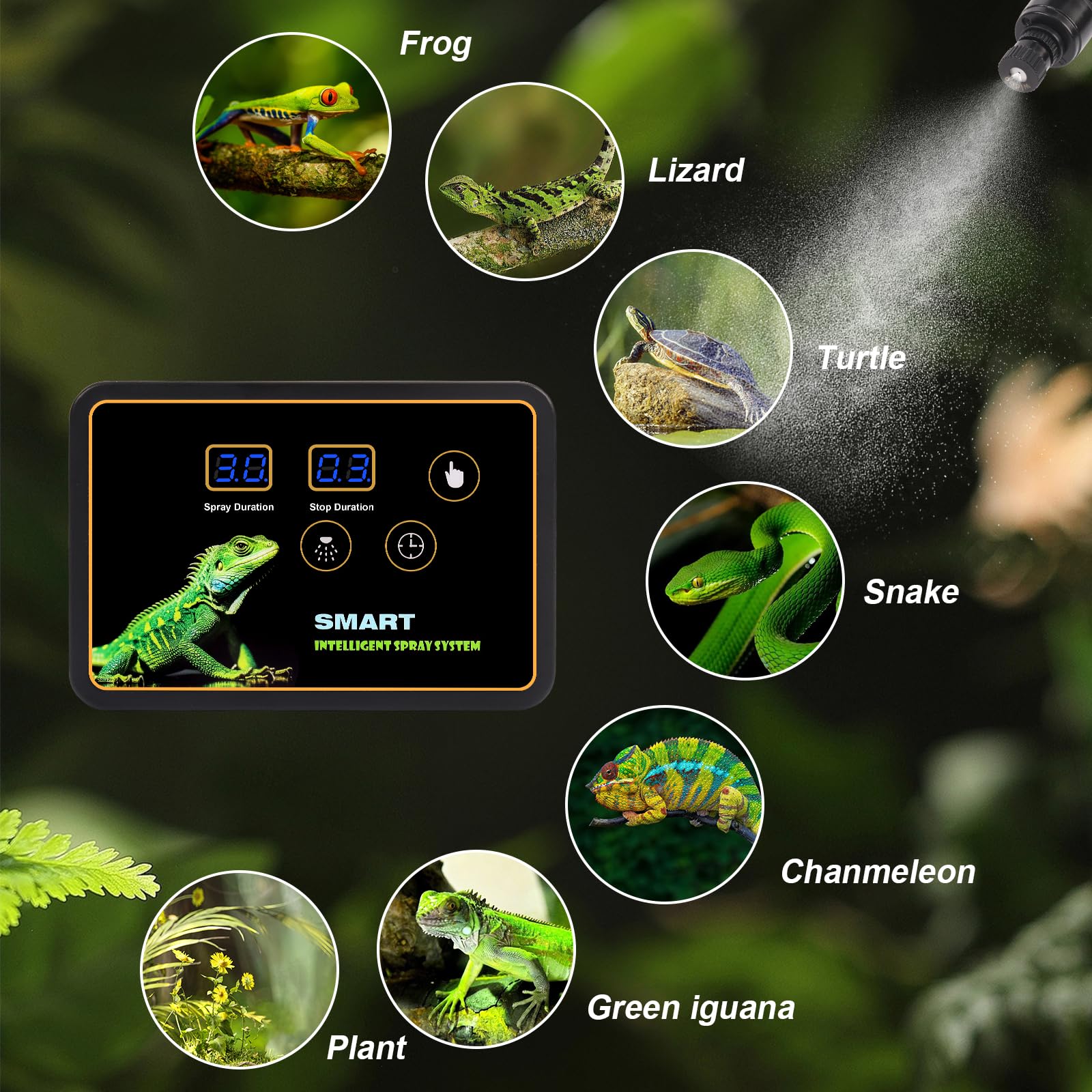inteligentny system zraszania terrarium, nawilżacz powietrza z timerem i dyszami natryskowymi, regulacja 360°, nawilżacz powietrza, nebulizator do terrarium dla płazów, gadów, roślin