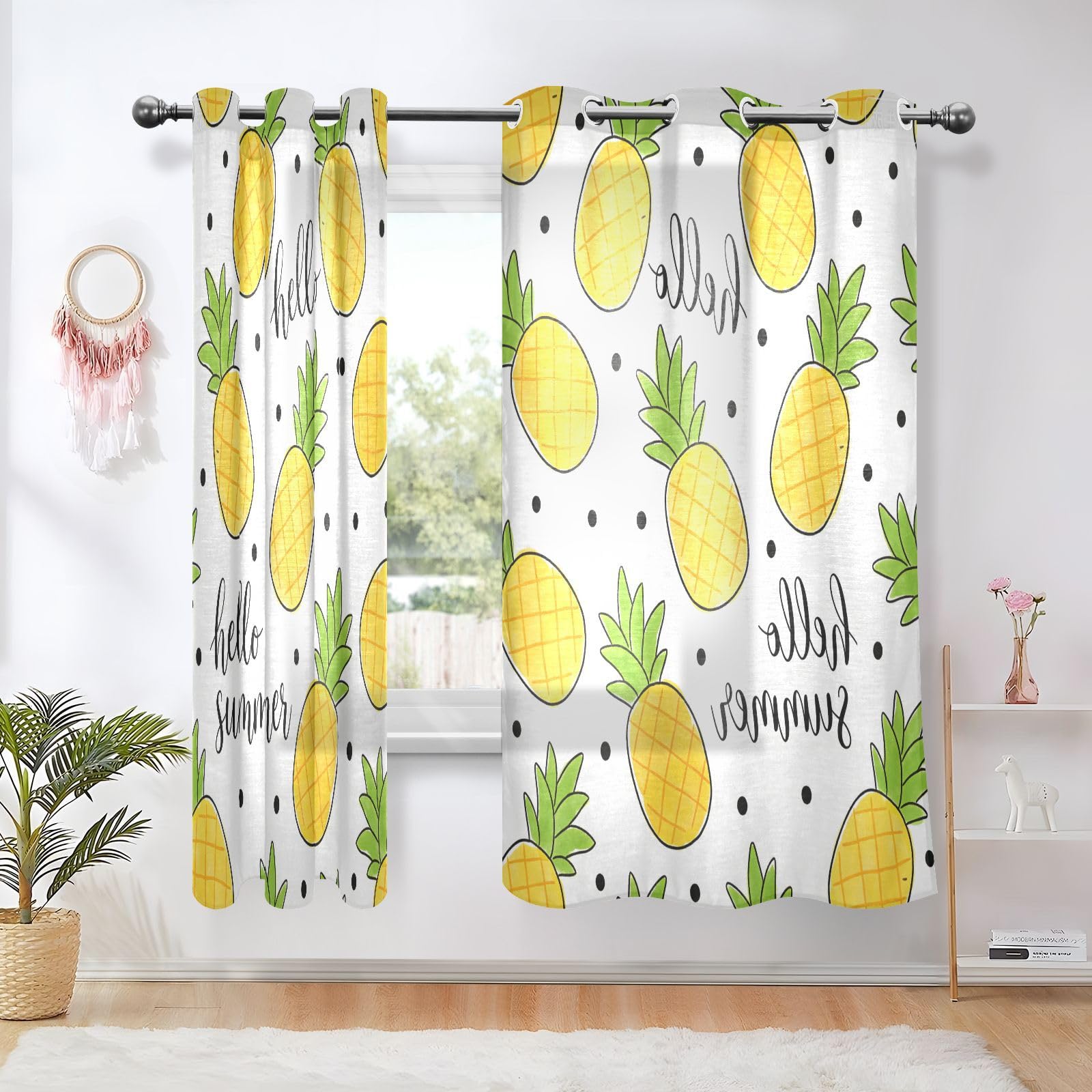 Cortinas decorativas que filtran la luz, bonitas piñas amarillas en verano, cortinas de sala de estar, 160 cm de largo, transparentes, juego de 2 paneles