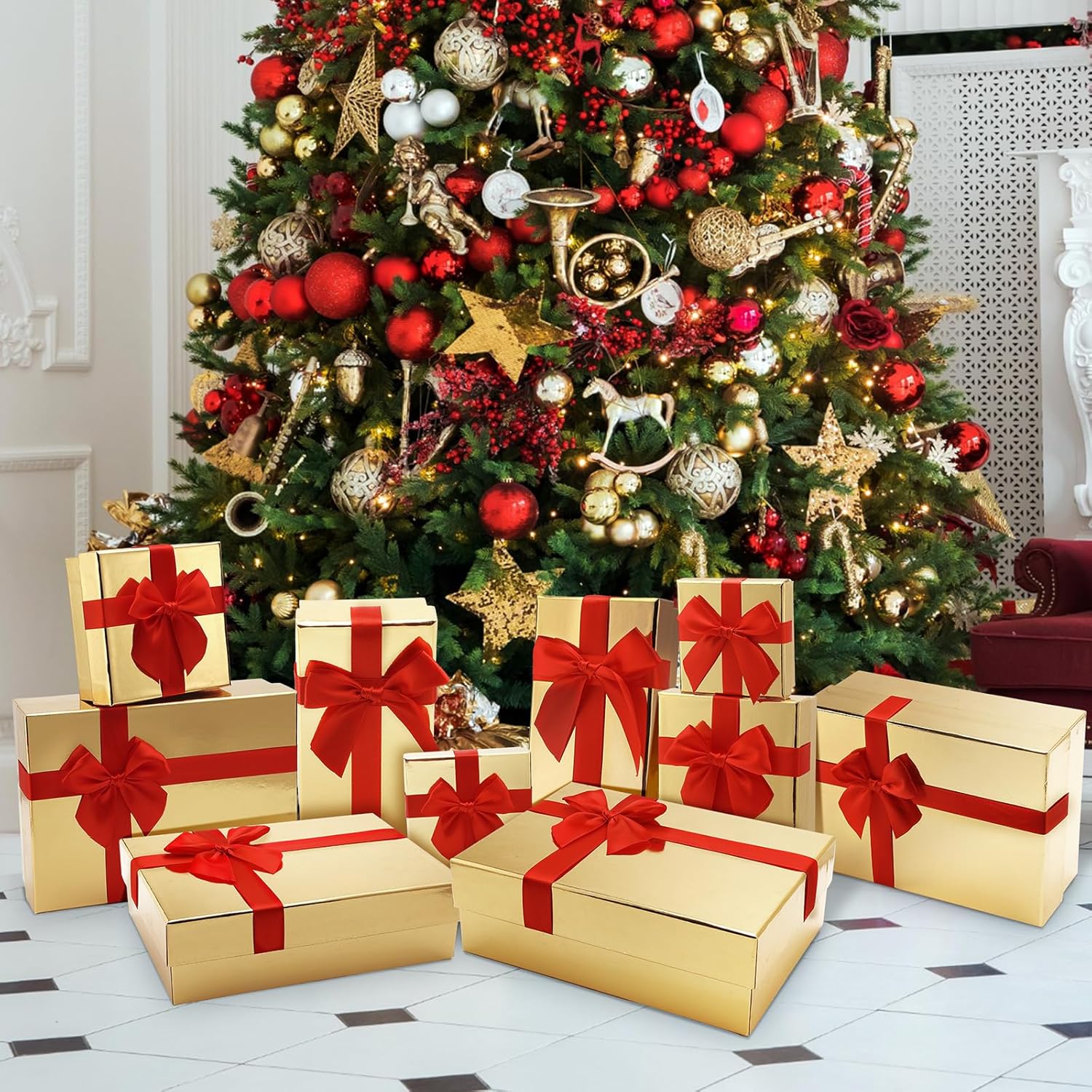 tenceur 10 pcs gift boxes with lids heavy duty nested assorted sizes cardboard gift boxes for presents with ribbon for xmas holiday present(gold, red,5 size) gold, red 10 boxes (5 sizes)