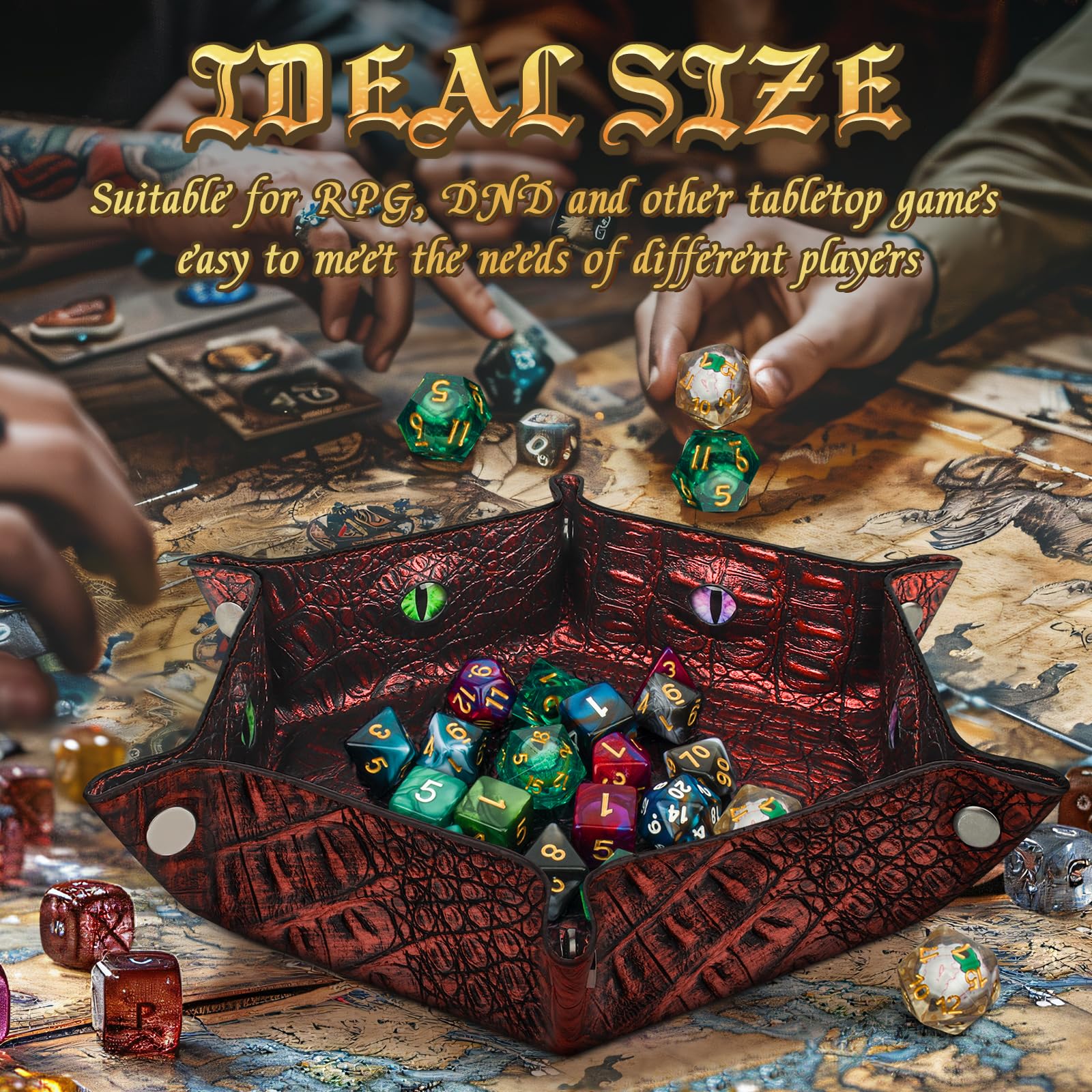 Byhoo Bandeja de Dados DND con patrón de cocodrilo, Bandeja Plegable Hexagonal rodante, Bandeja de Dados Que Brilla en la Oscuridad, Juegos de rol, DND y Juegos de Mesa (Rojo)