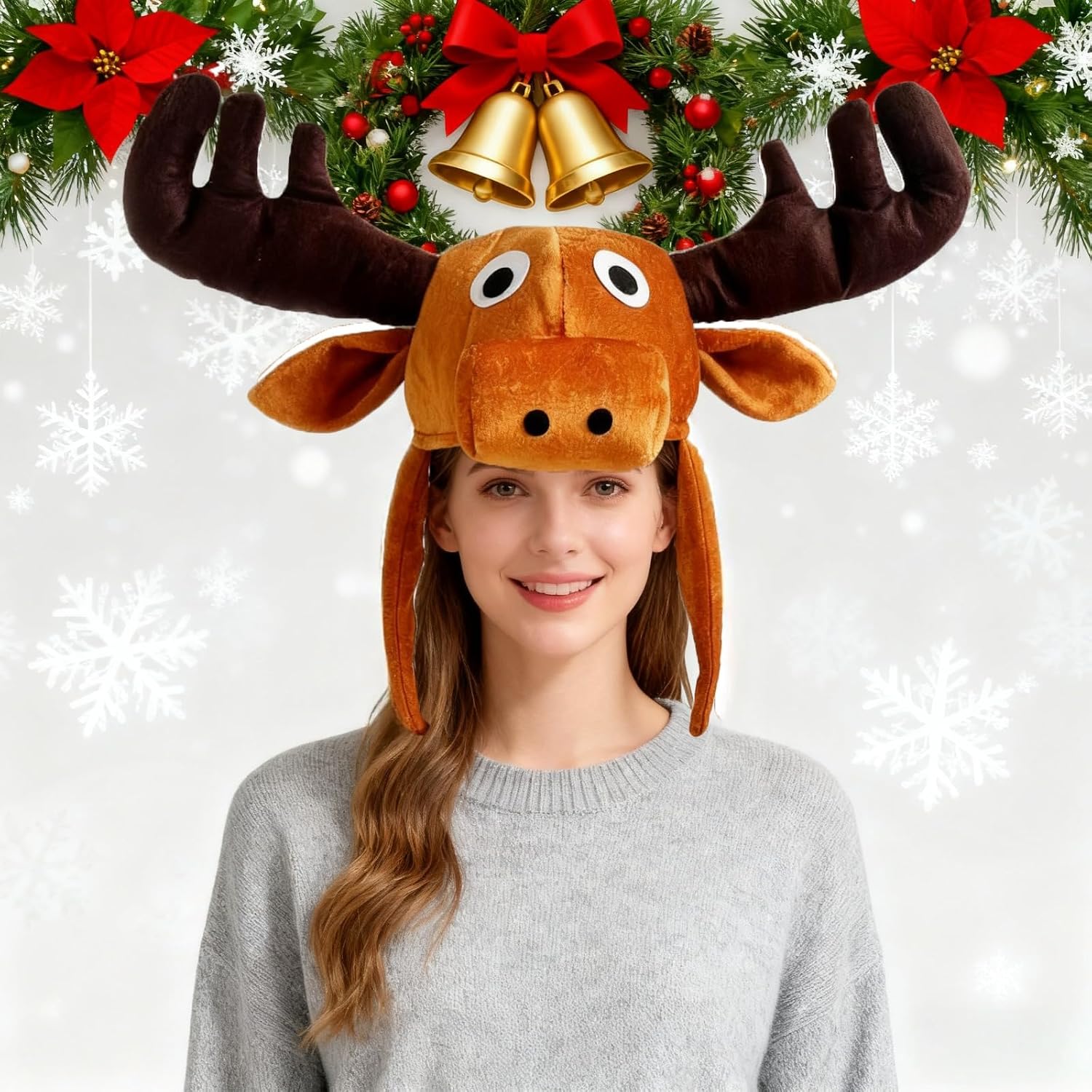 PURFUN Funny Large Antler Moose Earflap Trapper Hat Funny Animal Theme 3D Elk Moose Hooded Cap Men Women Cosplay Halloween Christmas Reindeer Costume Full Hood Hat Headwear Accessory Favor image 2