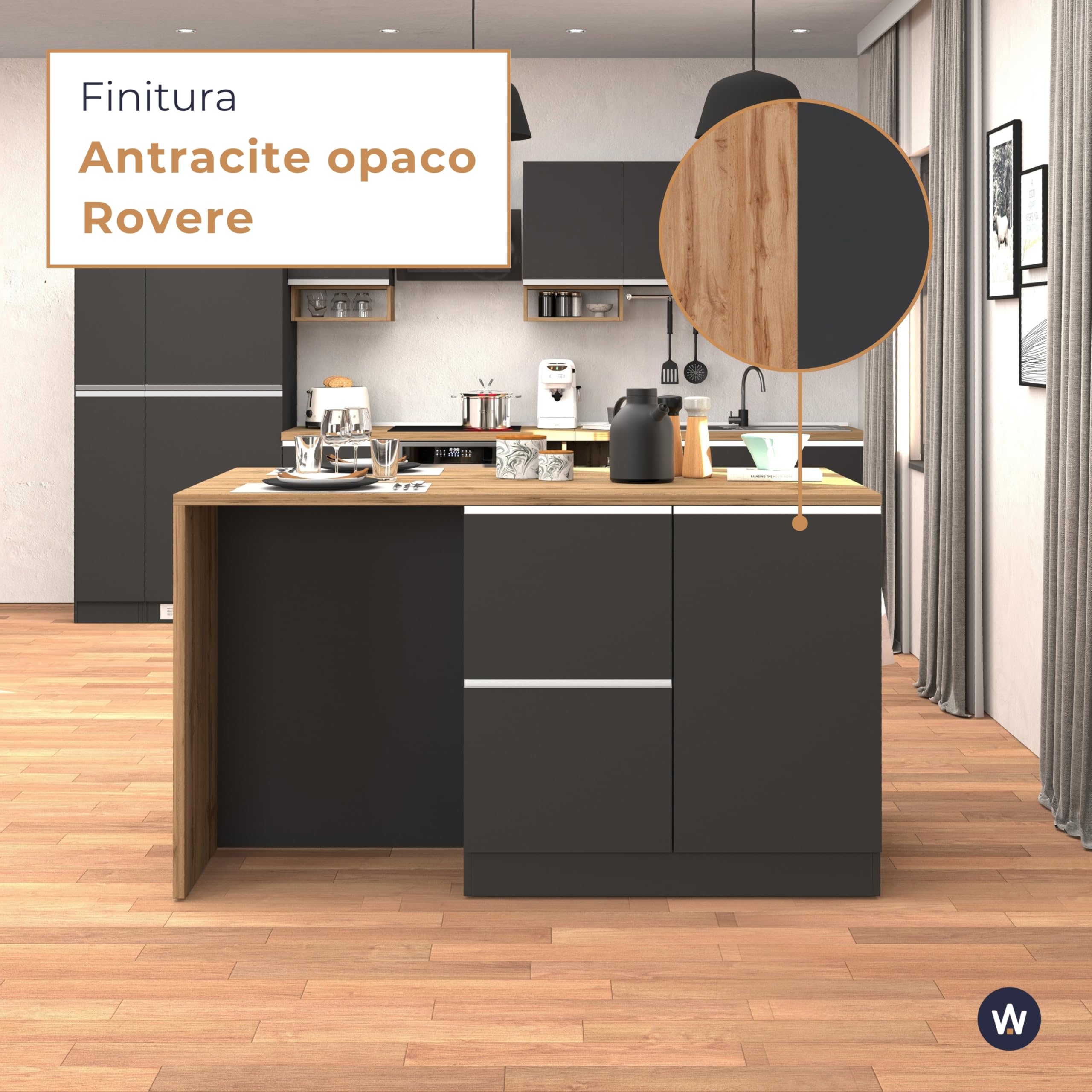 WHOUS Isola Cucina SOLE con 1 Anta, 2 Cassetti e 6 Vani, Tavolo da Pranzo e Piano di Lavoro, Ideale per Open Space e Spazi Ridotti, 152,5x90x90,60 cm, Antracite Opaco e Rovere