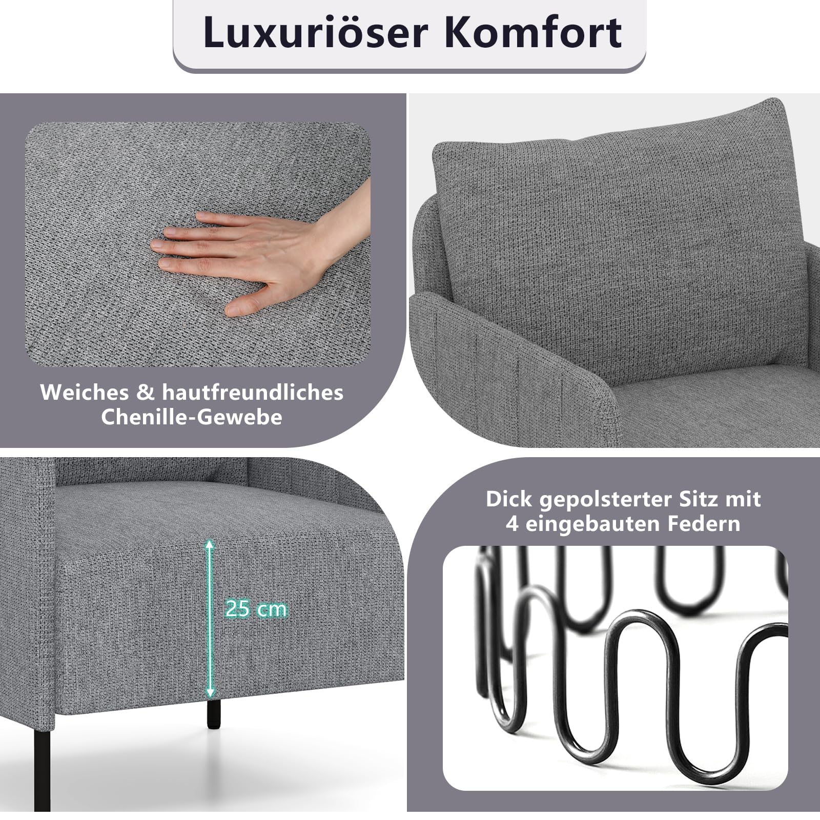 COSTWAY Fotel do salonu, pojedyncza sofa z poduszkami, fotel wypoczynkowy z regulowanymi poduszkami na stopy, wygodna sofa, nowoczesny fotel relaksacyjny do sypialni, gabinetu, szary