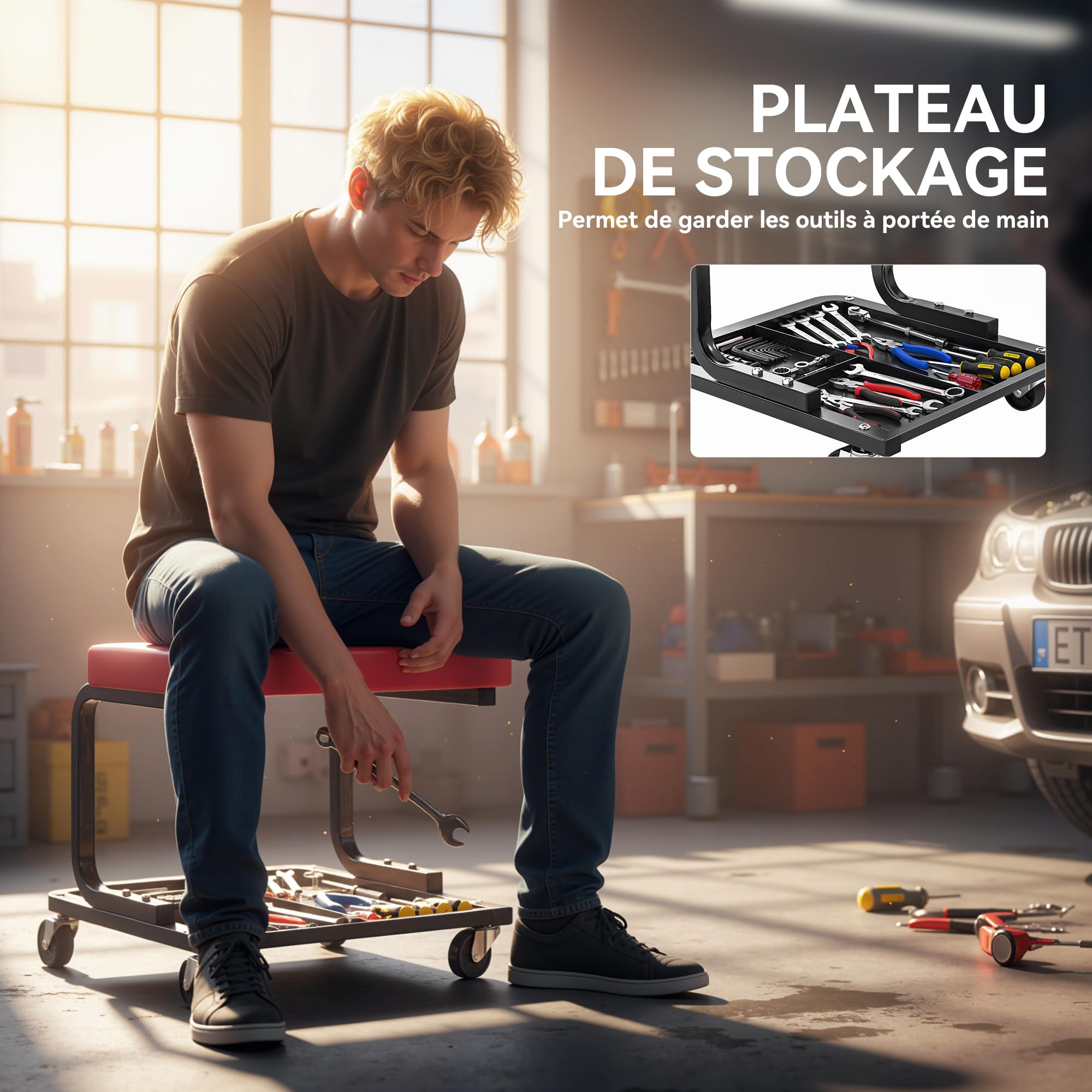 HOMCOM Tabouret de Mécanicien Tabouret d'Atelier Mobile Plateau à Outils | Charge 135 kg, Siège d'Atelier avec Roulettes Lisses Pivotant à 360°, pour Entretien, Réparation Automobile, Garage