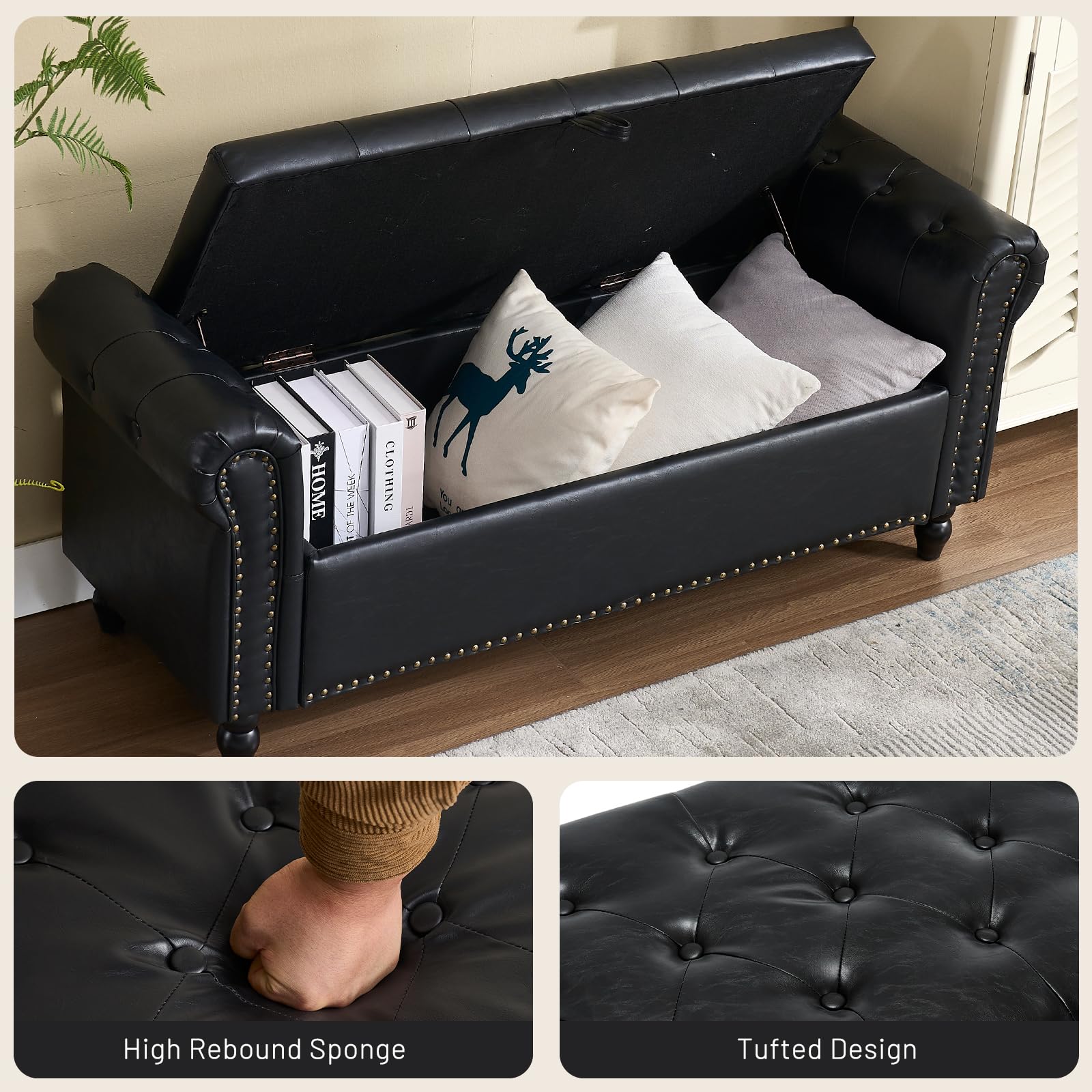 Furniliving Storage Ottoman Bench, Leather Benches End of Bed Bench with Solid Wood Legs Upholstered Ottoman Bench with Storage Indoor Bench for Living Room with Rolled Arm, Entryway, YellowBrown: 19.69"D x 55.12"W x 21.65"H Black-pu